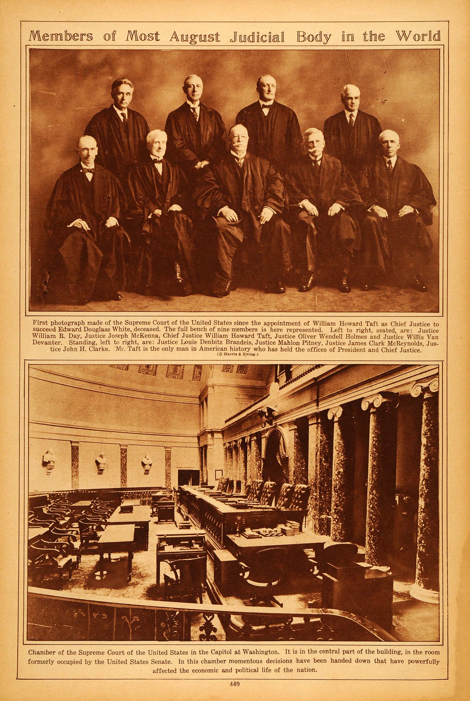 1922 Rotogravure Supreme Court Chamber William Howard Taft Oliver Wendell Holmes