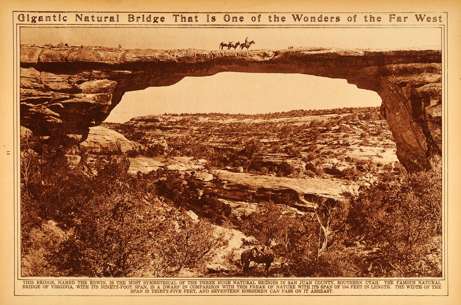 1922 Rotogravure Natural Bridge West Edwin San Juan Utah Horse Landscape Scene