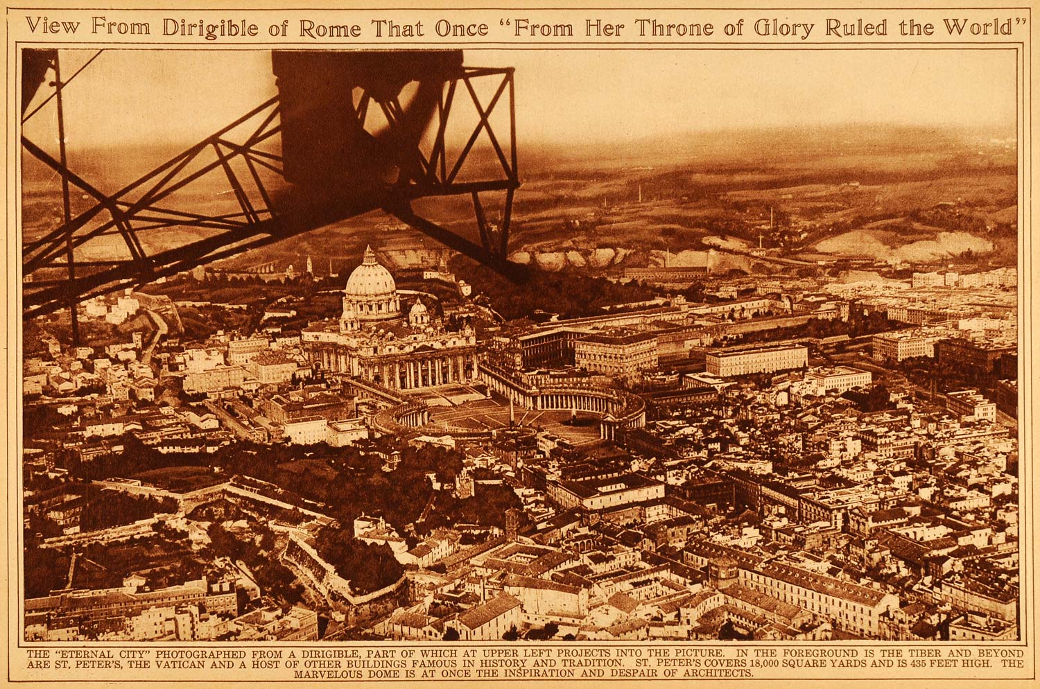 1922 Rotogravure Dirigible Rome Vatican Cityscape Bird's Eye View Historic Image