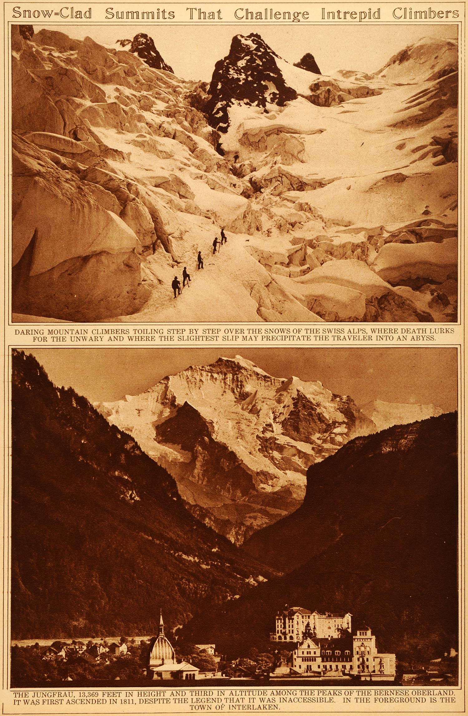 1922 Rotogravure Summit Climber Mountain Swiss Alps Jungfrau Peak Bernese Snow