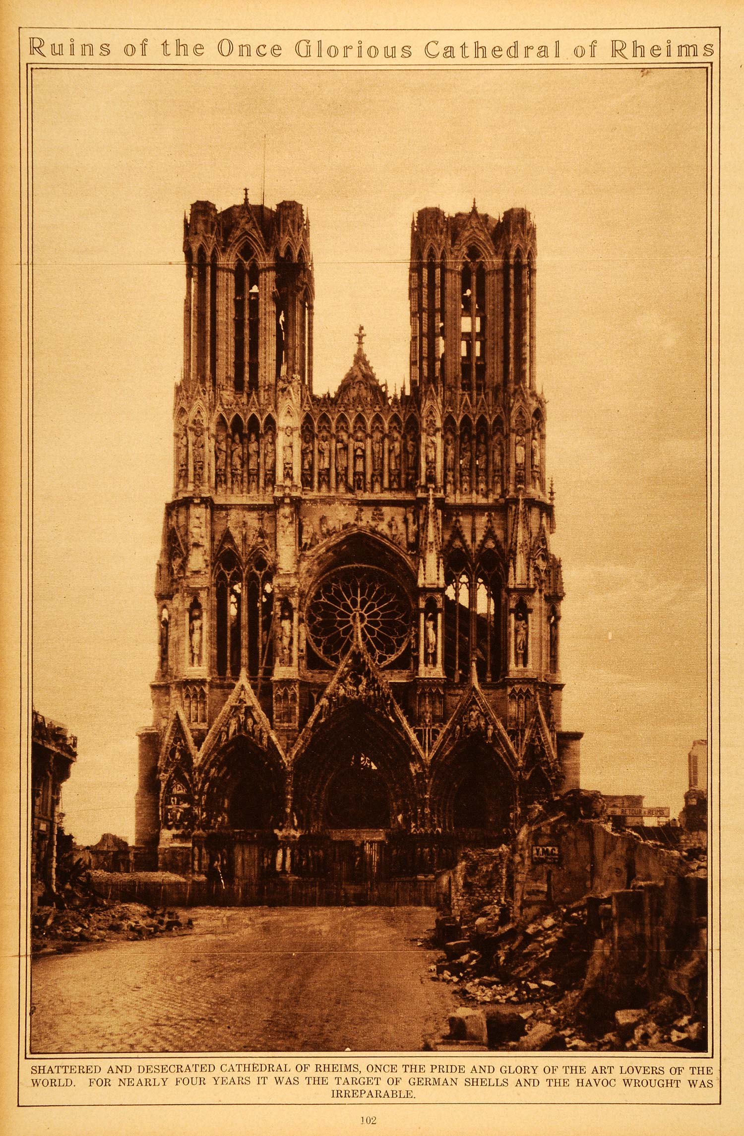 1922 Rotogravure World War I Rheims Cathedral Stained Glass Window Ruin Historic