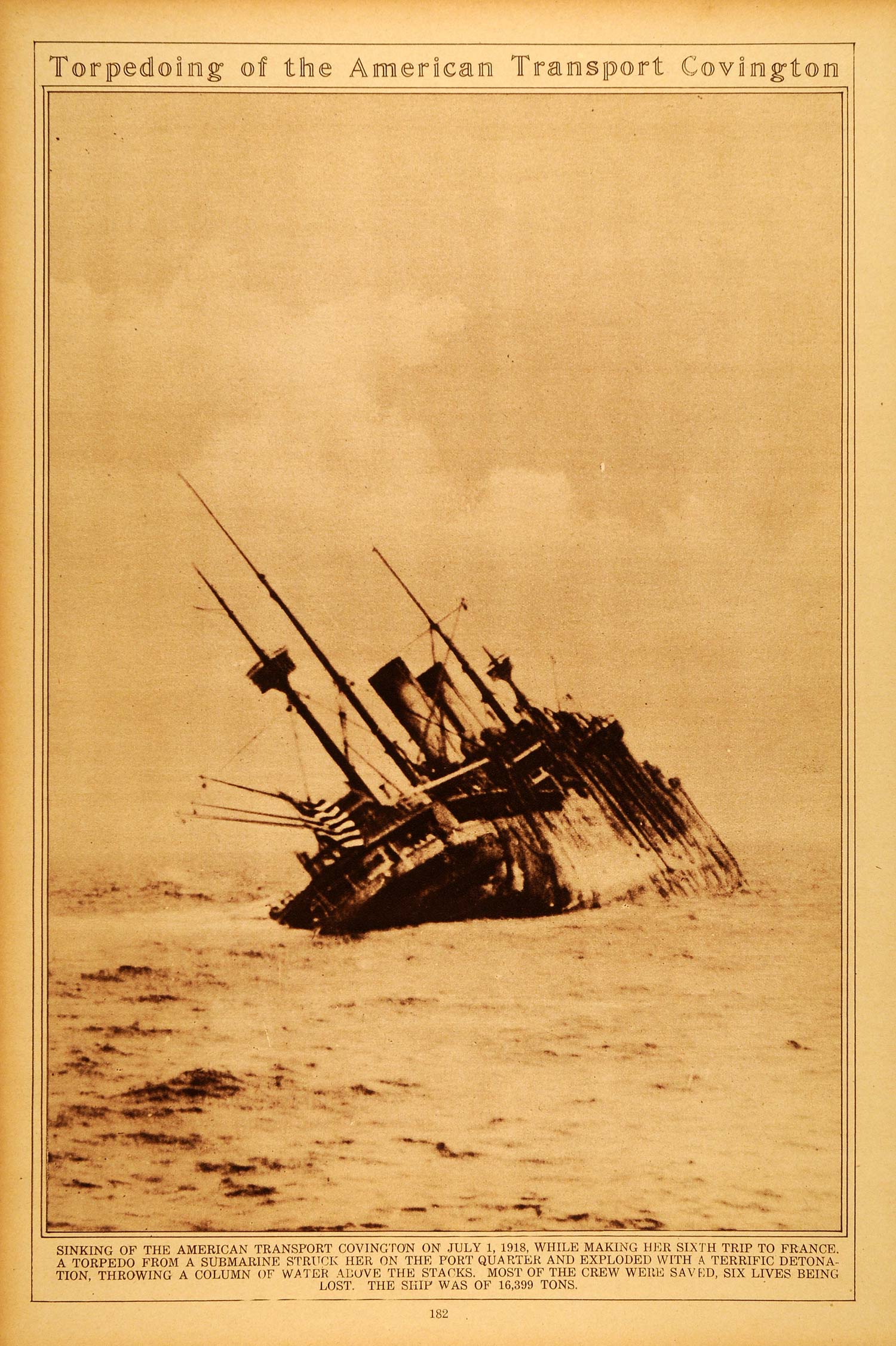 1922 Rotogravure World War I American Transport Covington Sinking Naval Warfare