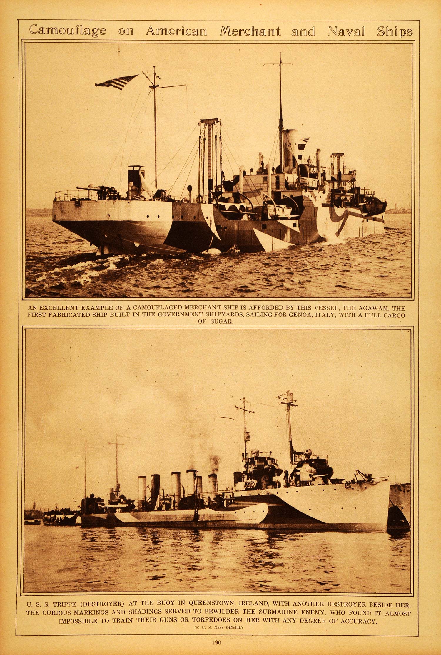 1922 Rotogravure WWI American Merchant Naval Ship Camouflage USS Trippe Historic