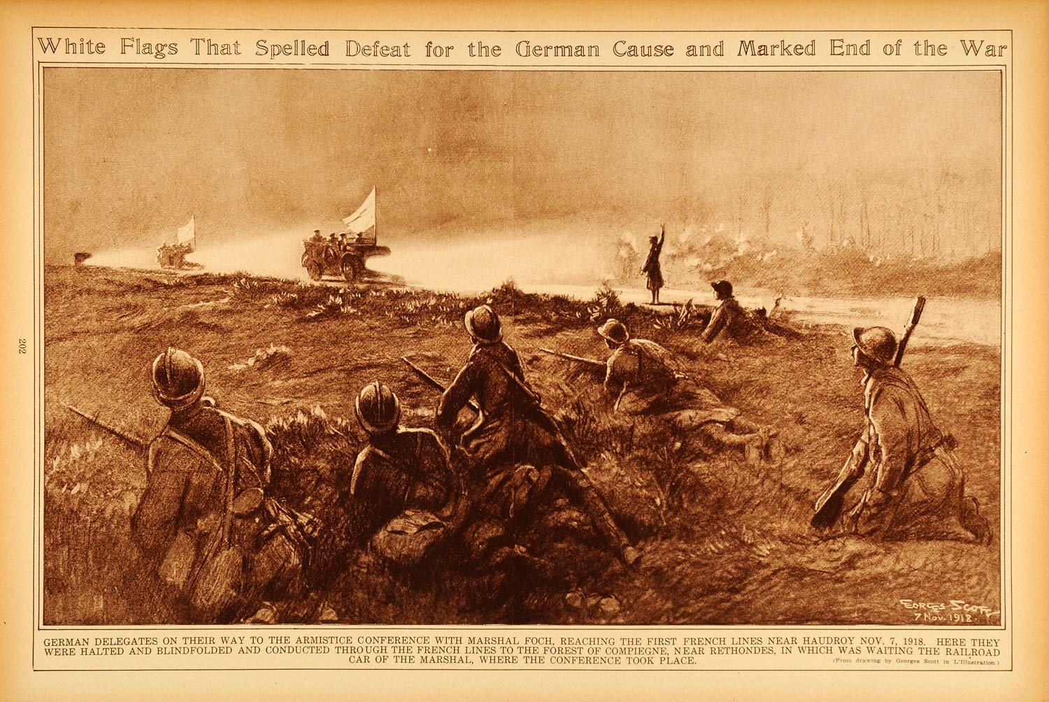 1922 Rotogravure WWI Surrender White Flags German Armistice Georges Scott Art