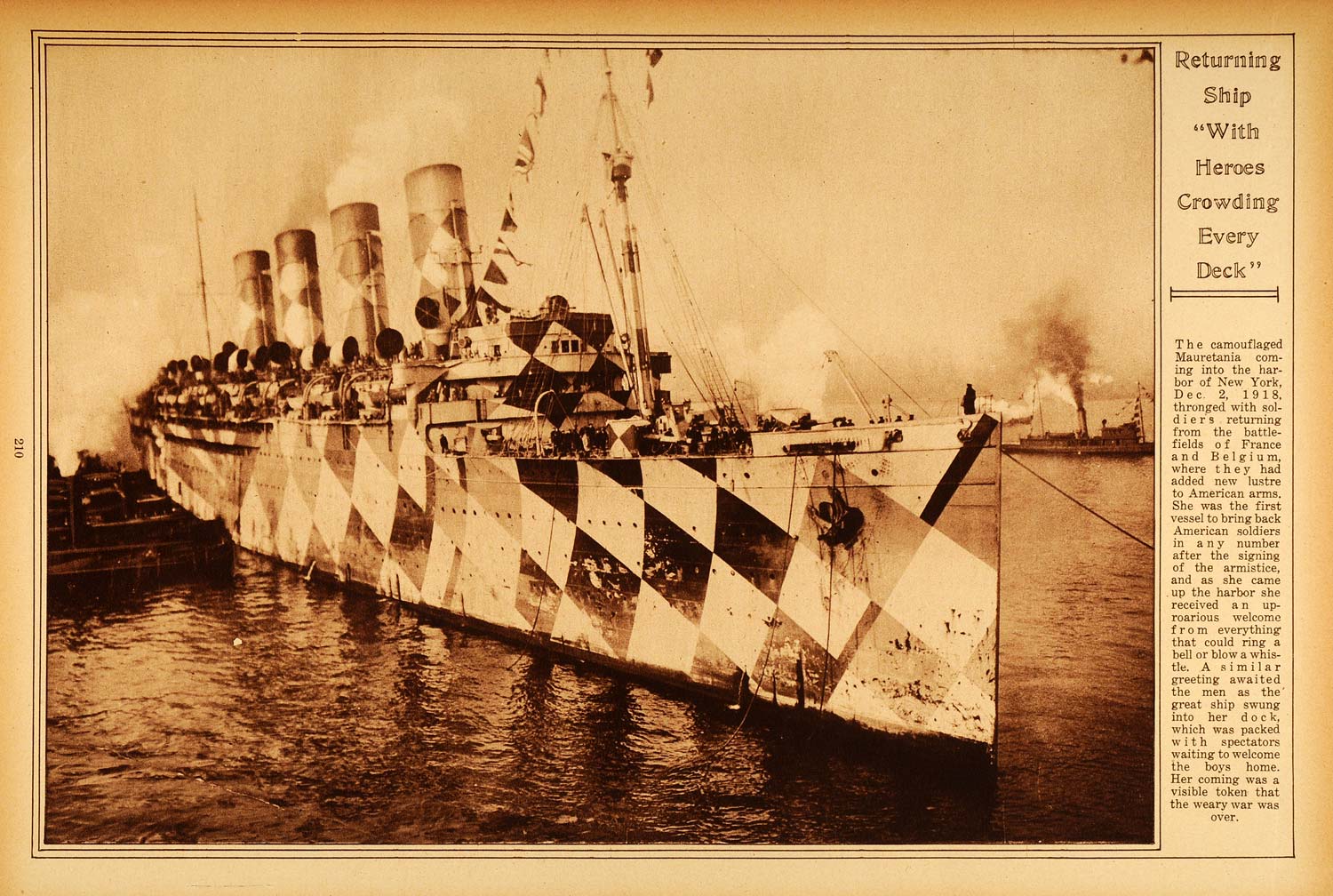 1922 Rotogravure WWI RMS Mauretania Troop Ship New York Harbor Historic Image