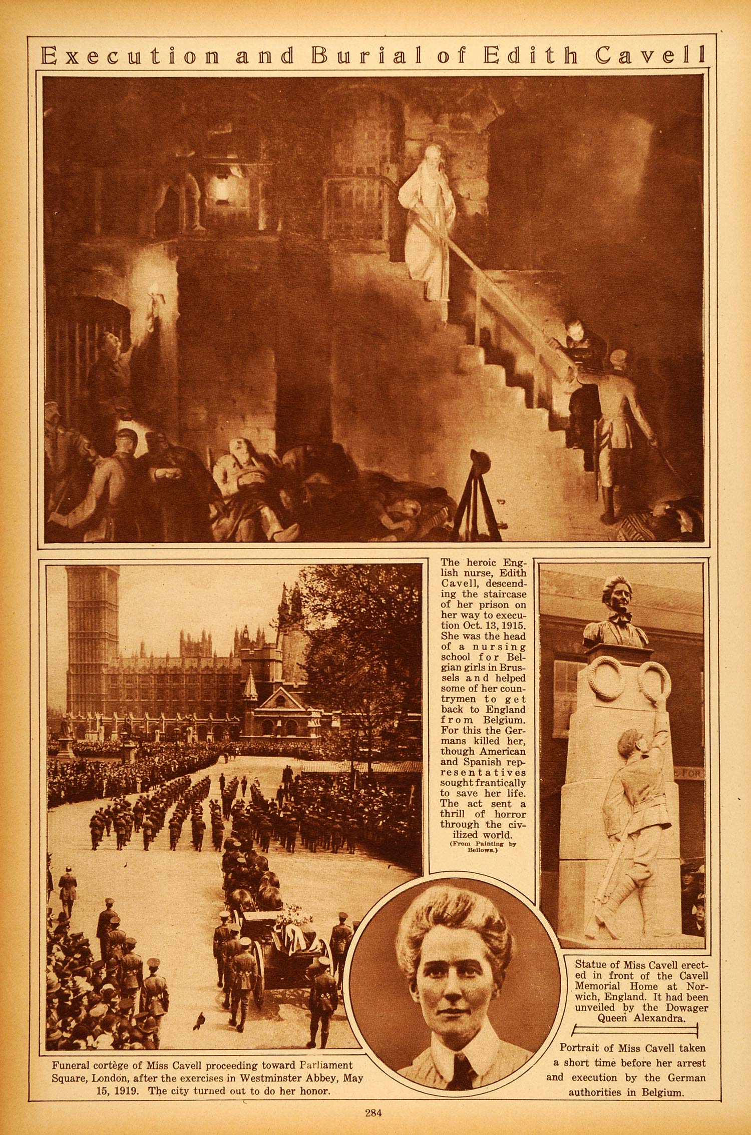 1922 Rotogravure World War I Edith Cavell Nurse Spy Execution Funeral London