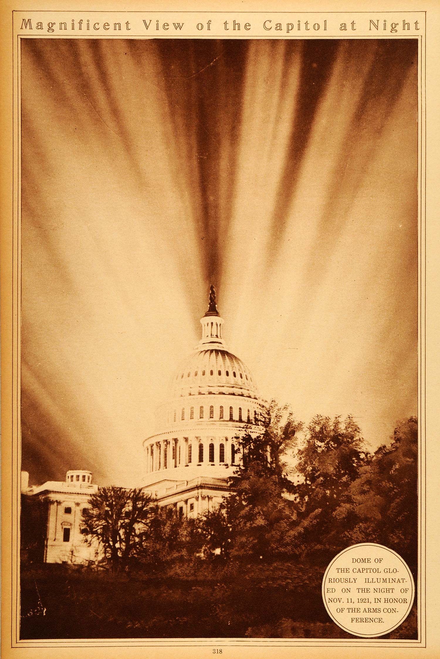 1922 Rotogravure Capitol Dome Illuminated Arms Conference Washington DC Peace