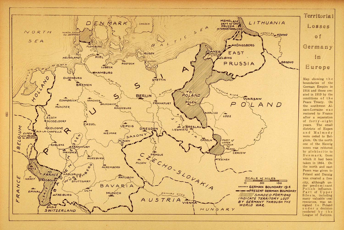 1922 Rotogravure Map Prussia Germany Post World War I Boundaries Lost ...