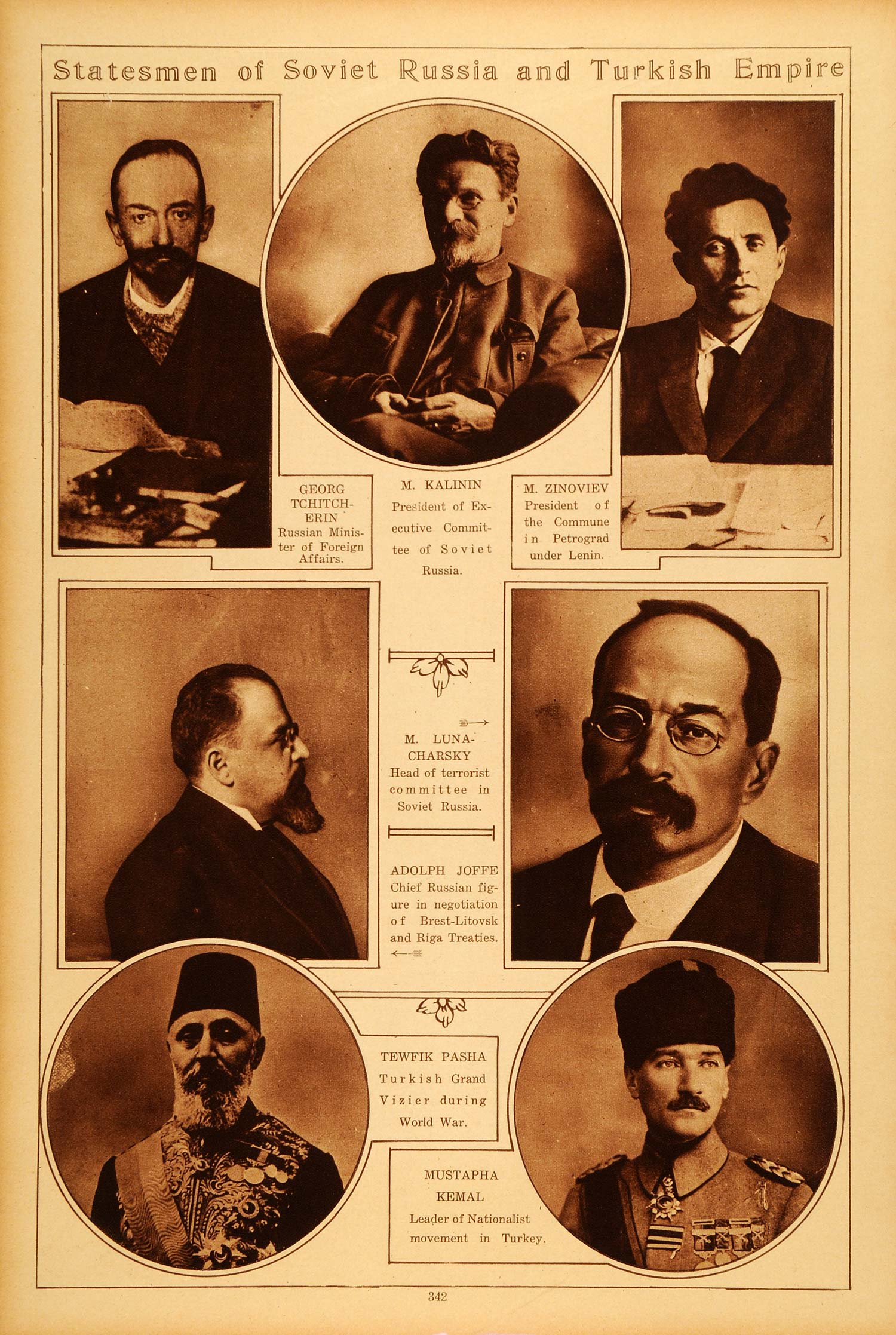 1922 Rotogravure Soviet Russia Turkish Empire Tchitcherin Twefik Pasha Kemal