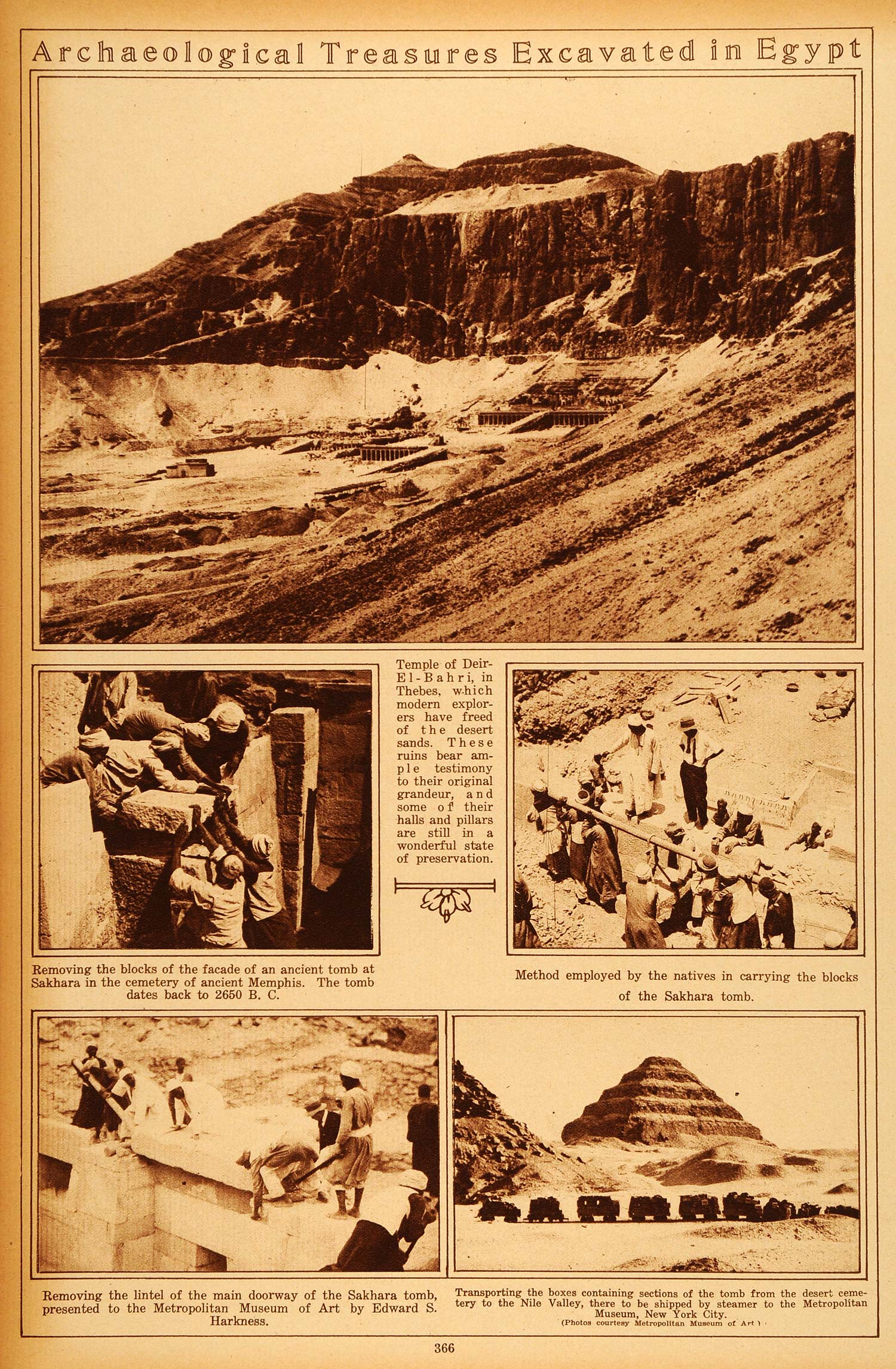 1922 Rotogravure Archaeology Egypt Tomb Sakhara Deir-El-Bahri Pyramid Museum