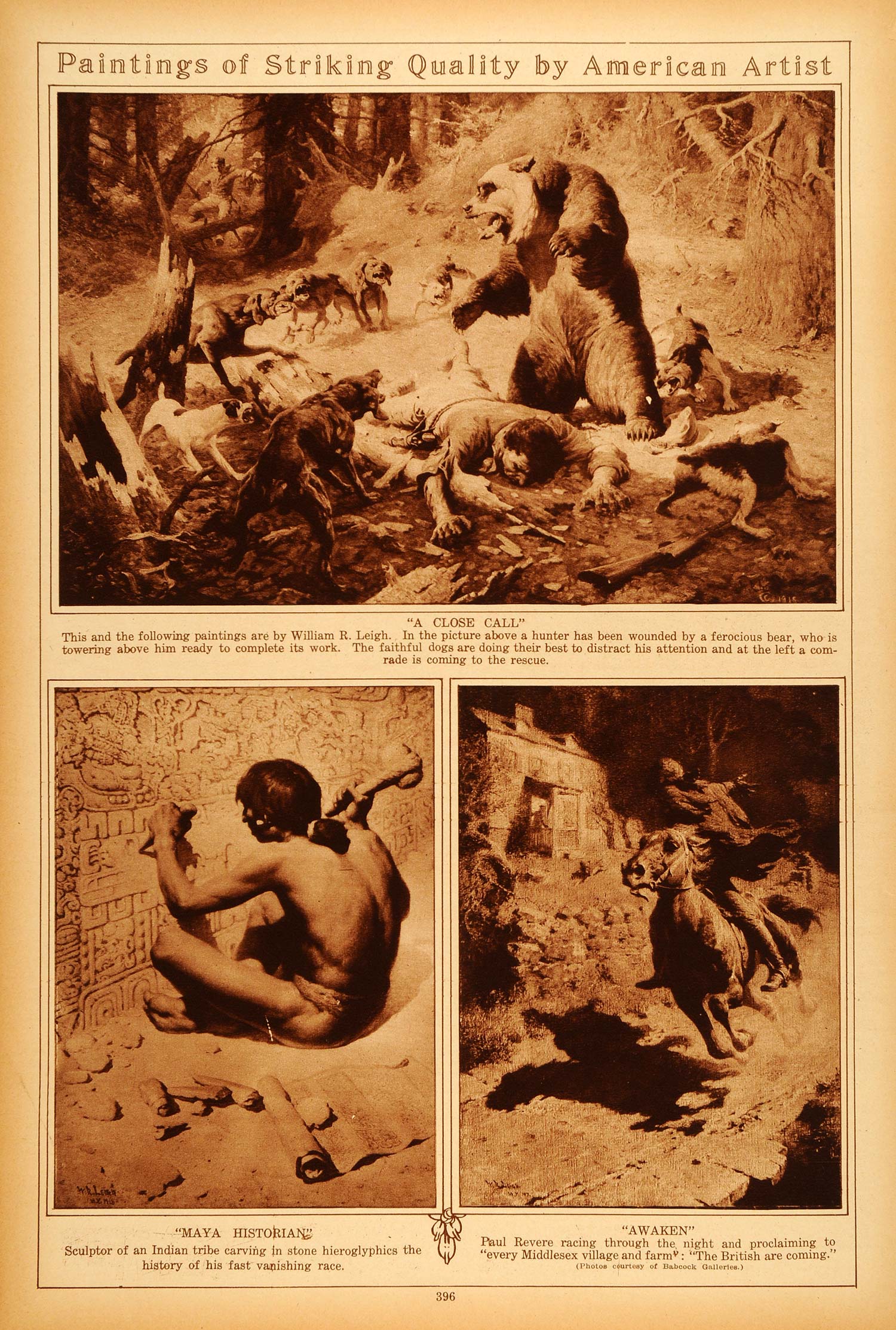 1922 Rotogravure William R Leigh Art Bear Hunter Mayan Indian Paul Revere's Ride