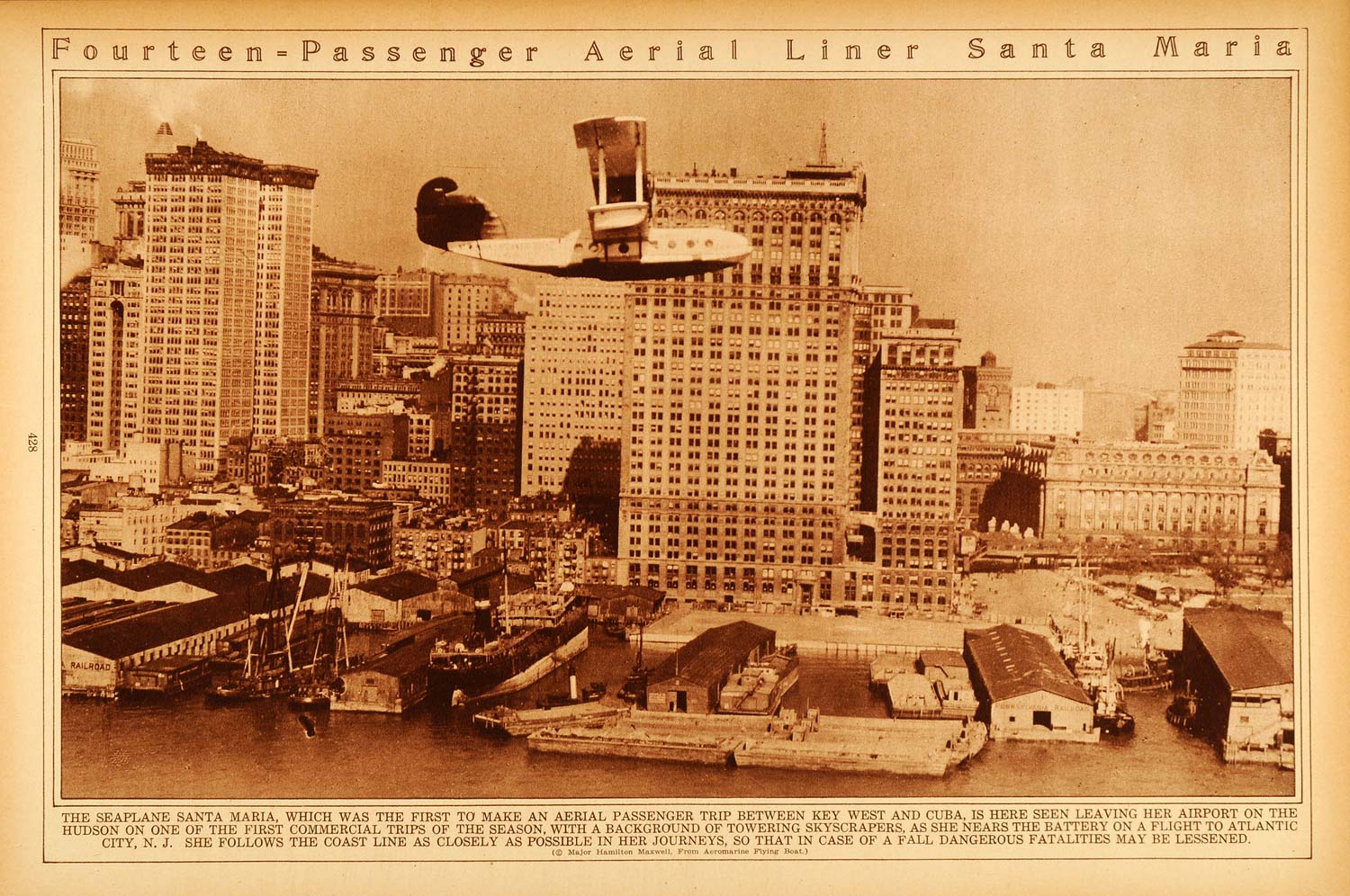1922 Rotogravure Airplane Santa Maria Seaplane New York City Skyline Buildings
