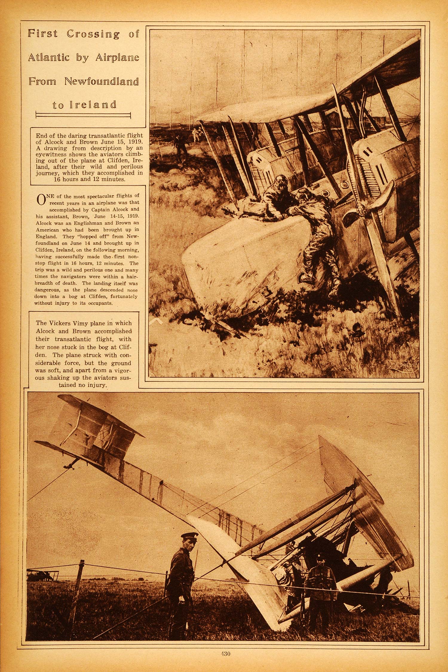 1922 Rotogravure Airplane Transatlantic Flight Alcock Brown Aviation Historic