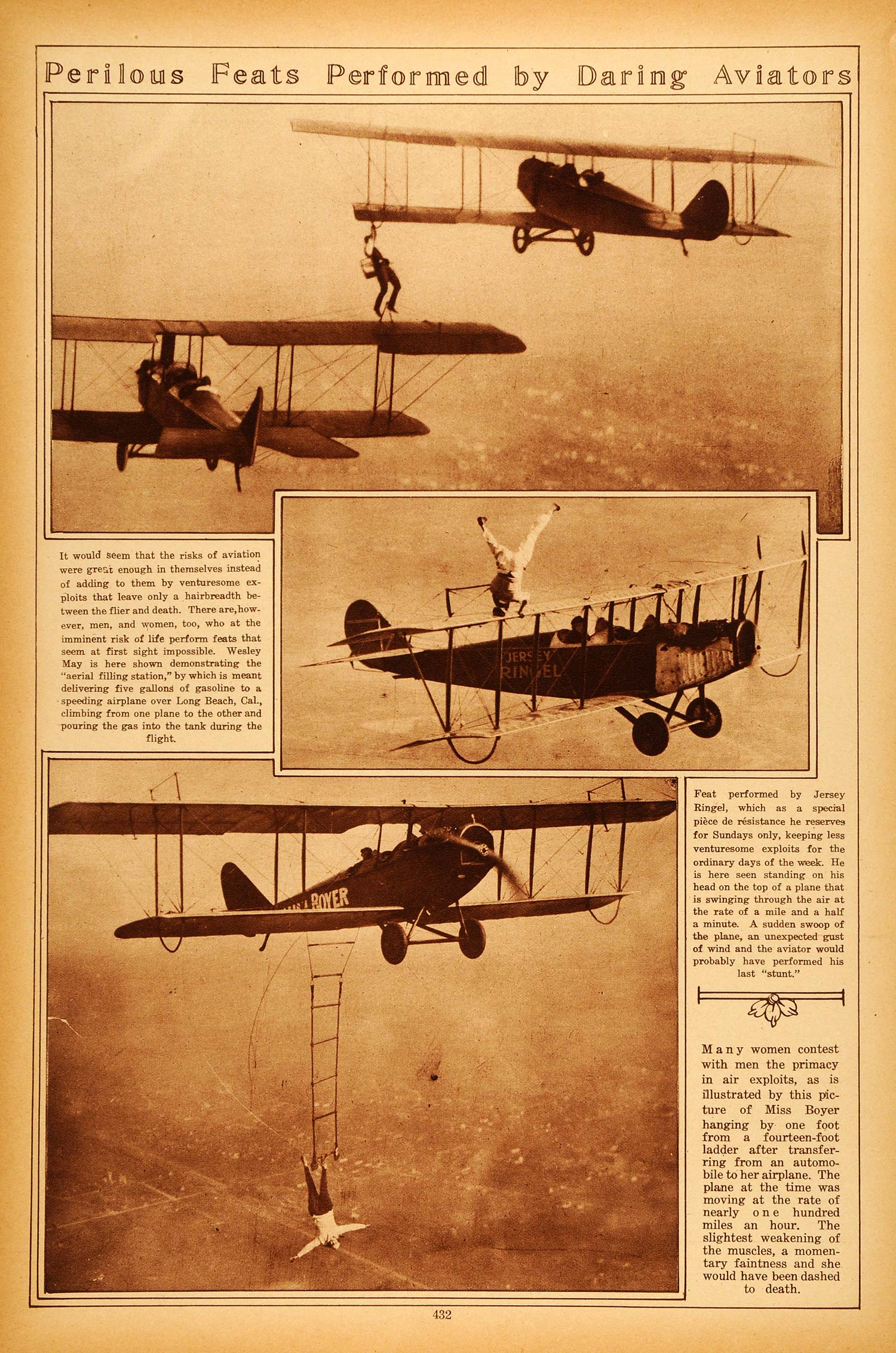 1922 Rotogravure Aviation Stunts Airplanes Jersey Ringel Wesley May Daredevils