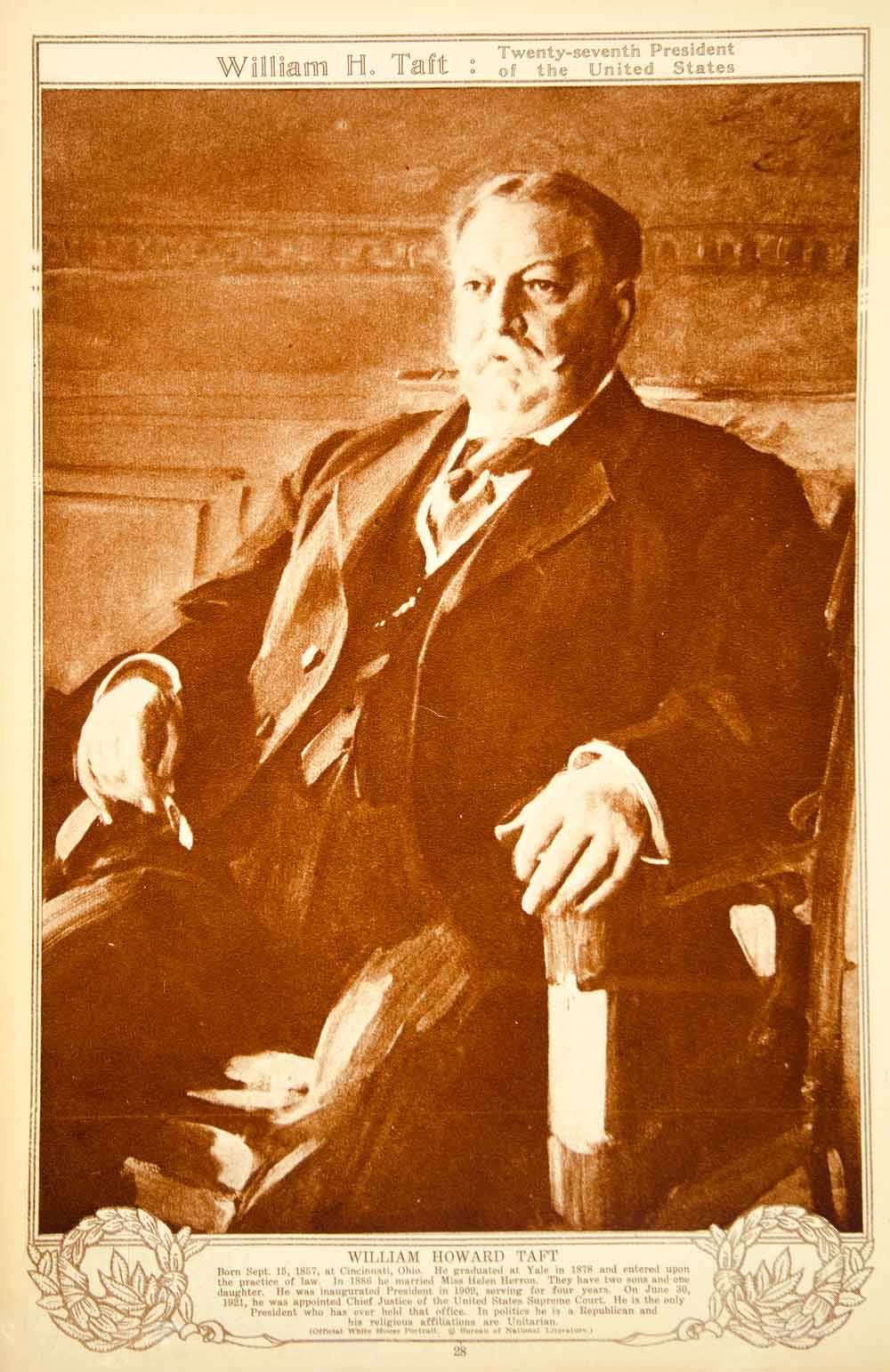 1923 Rotogravure William Howard Taft United States President Portrait Seated