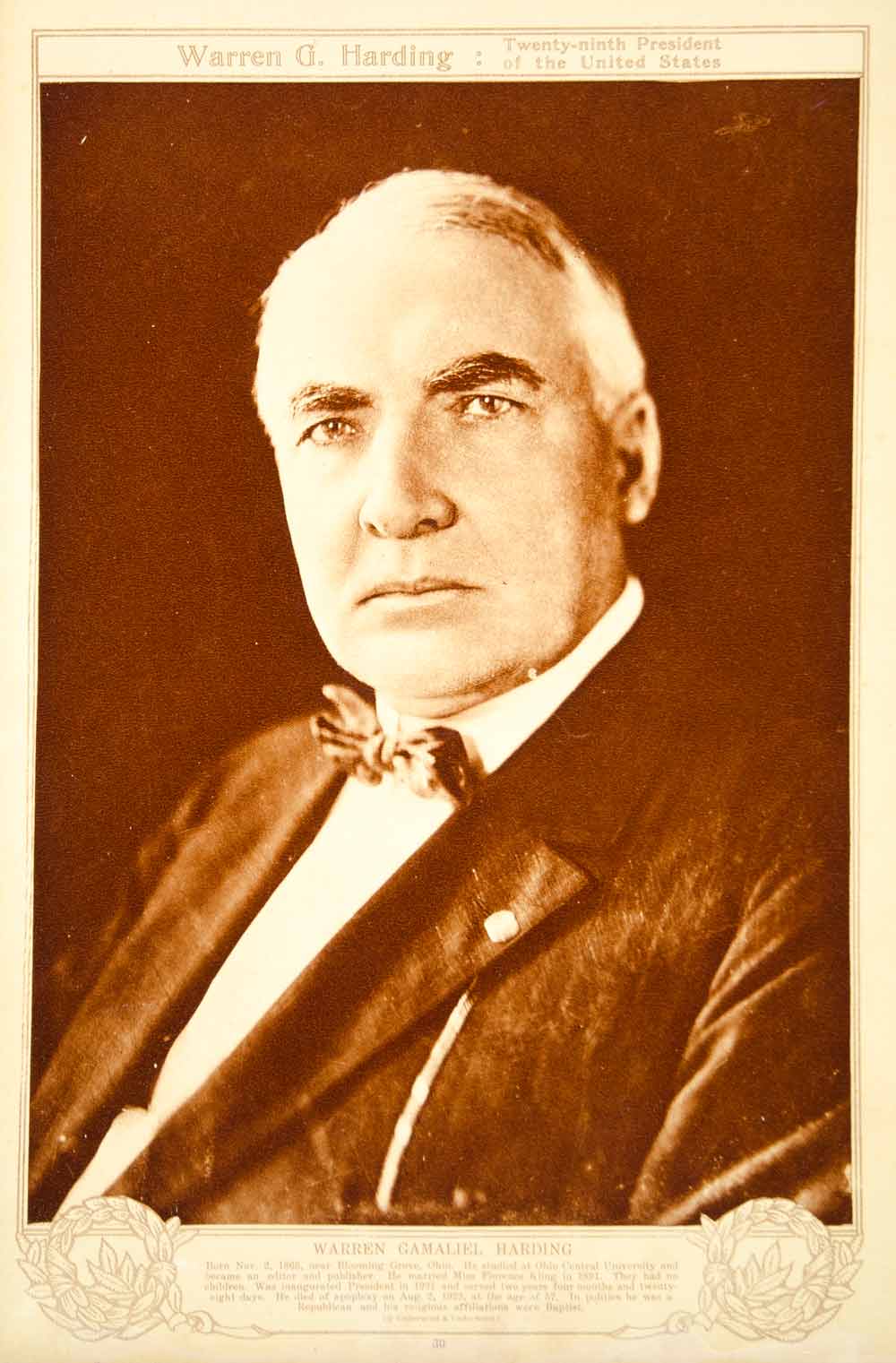1923 Rotogravure Warren Gamaliel Harding United States President U.S. Portrait