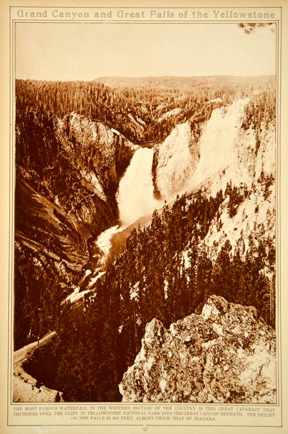 1923 Rotogravure Lower Yellowstone Falls National Park Waterfall Historic View