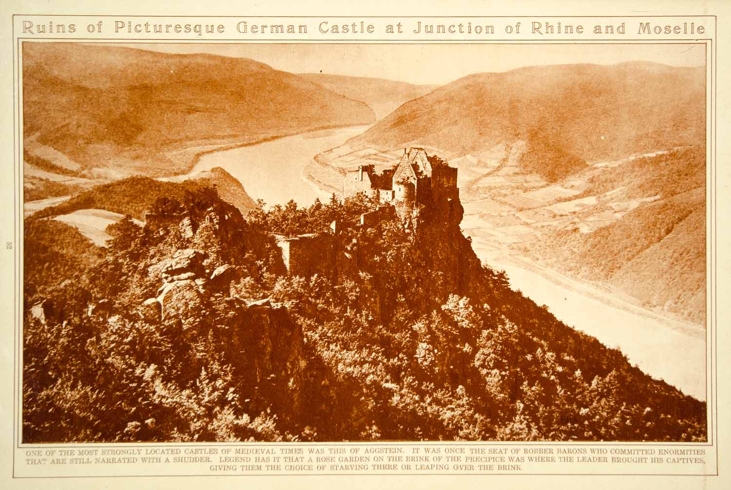 1923 Rotogravure Aggstein Castle Ruins Danube River Austria Historic Image View