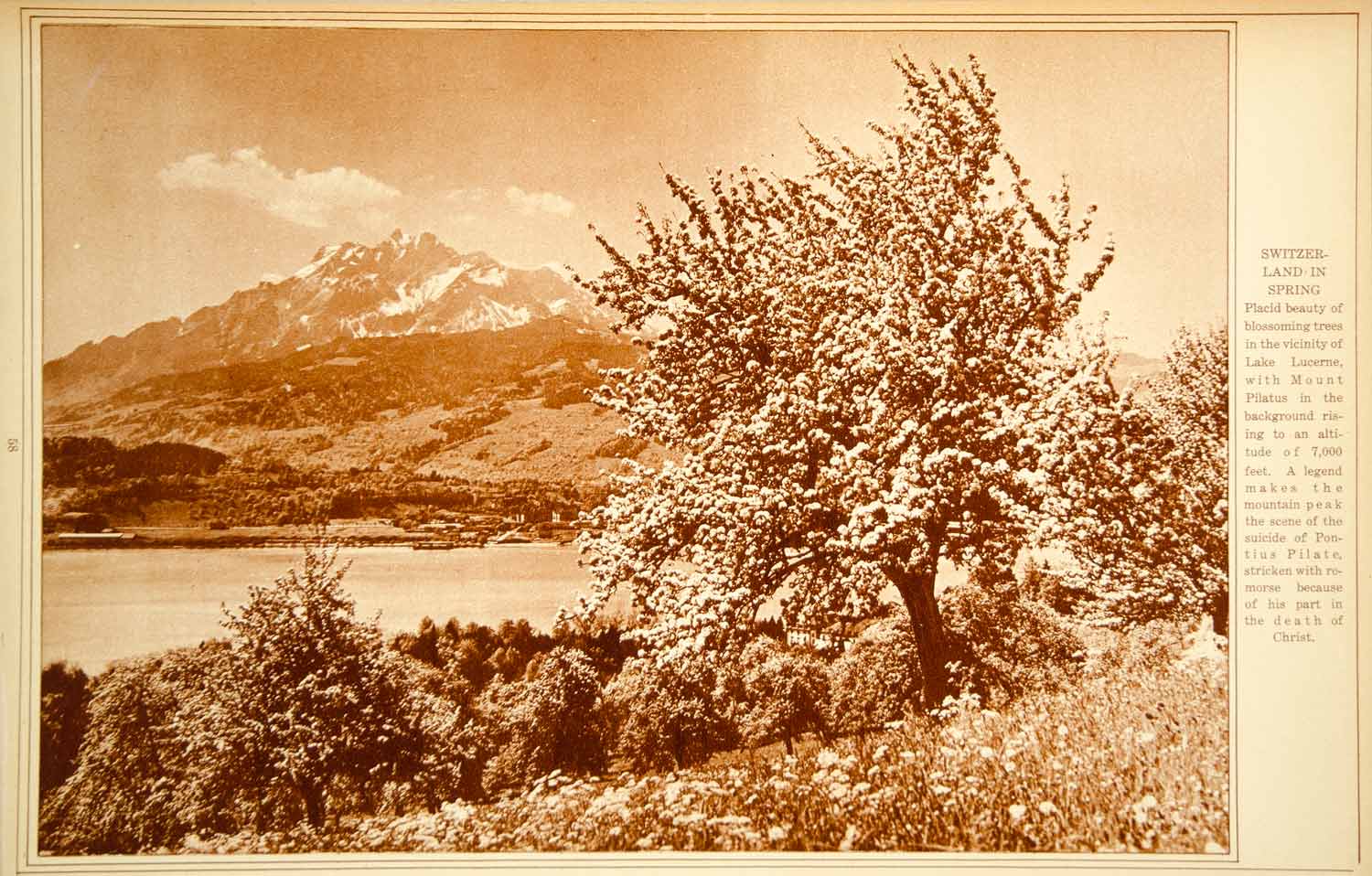 1923 Rotogravure Lake Lucerne Mount Pilatus Switzerland Landscape Springtime