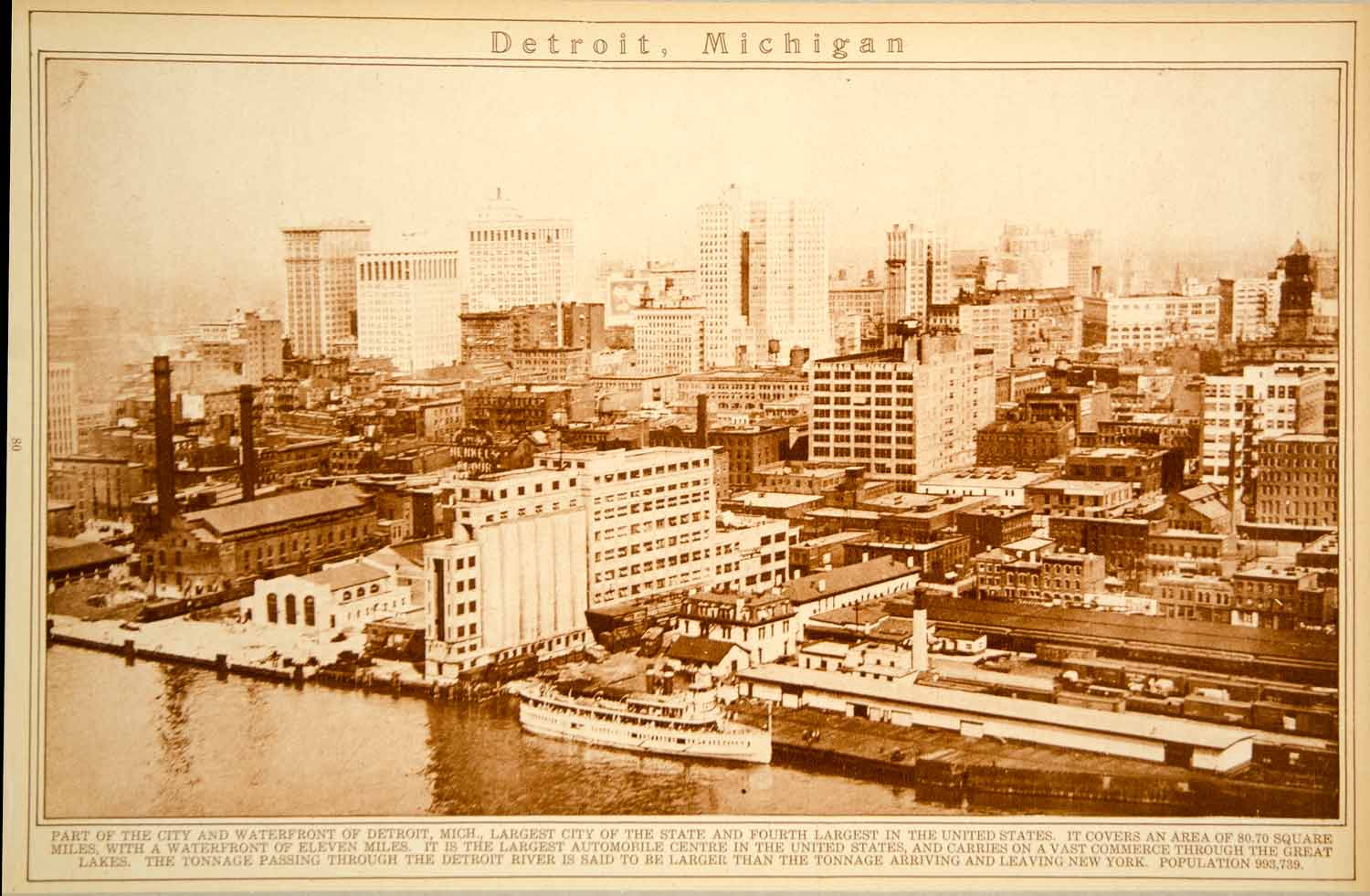 1923 Rotogravure Detroit Michigan Cityscape Waterfront Historic Image City View