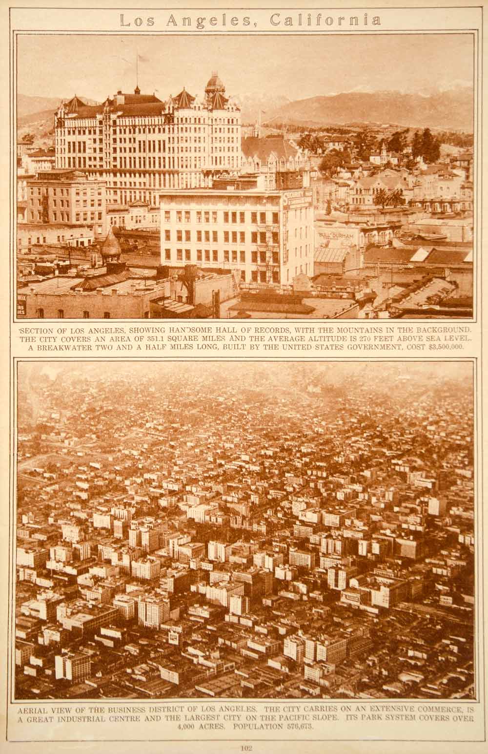 1923 Rotogravure Los Angeles Cityscape Aerial Bird's Eye View Historic Image