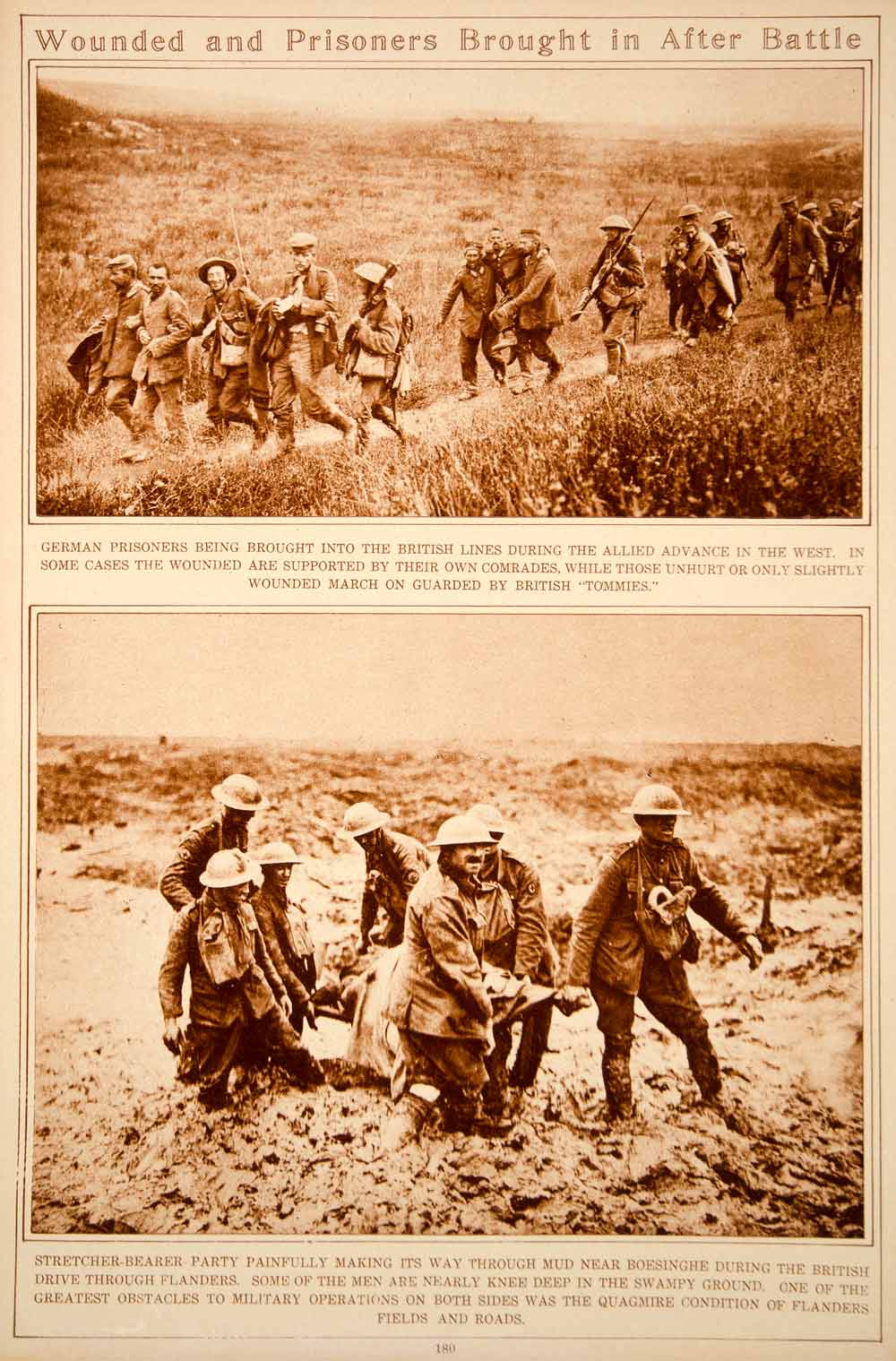 1923 Rotogravure WWI German Prisoners Stretcher Bearers Wounded Soldier Flanders