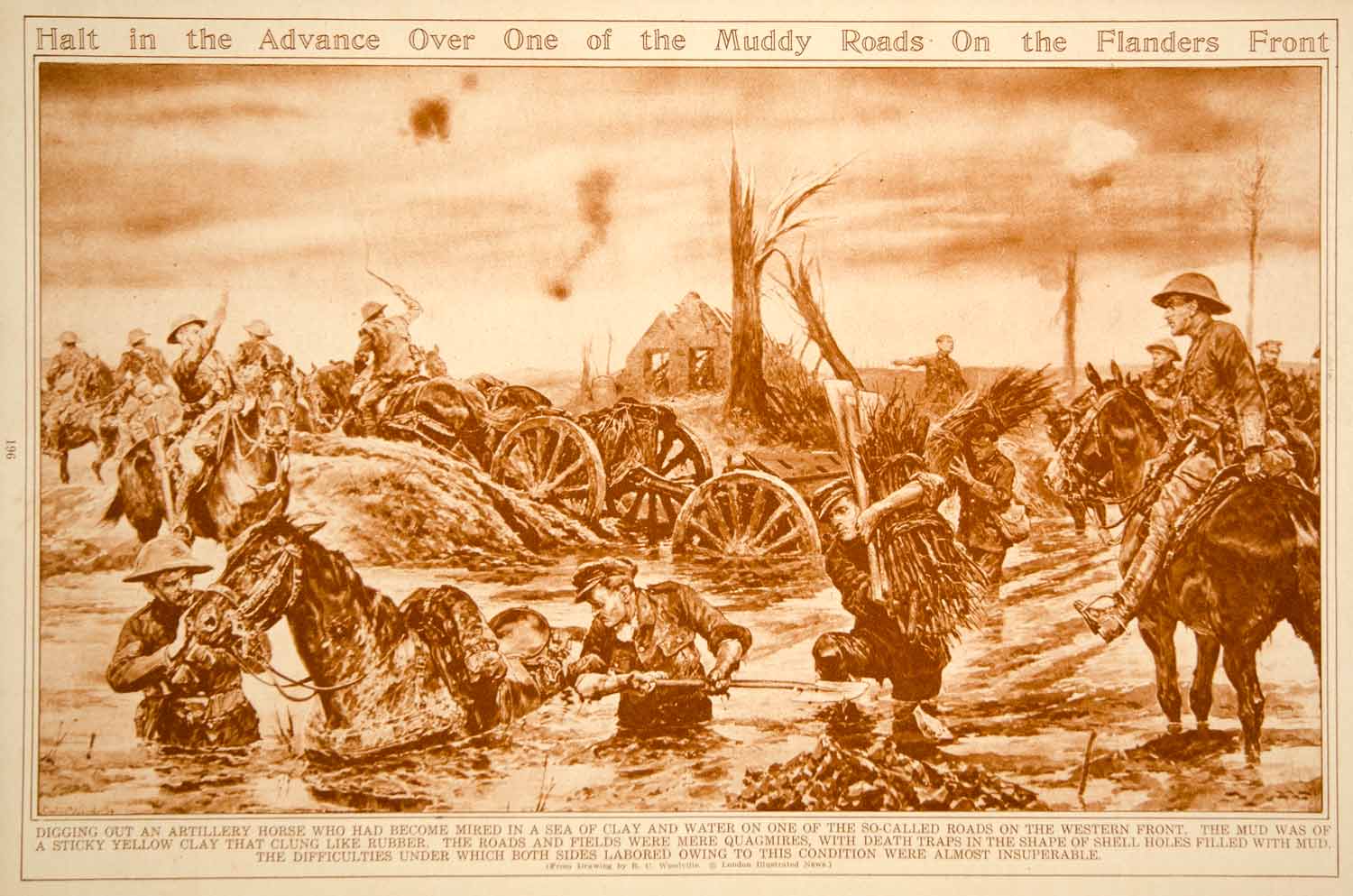 1923 Rotogravure WWI Art R. C. Woodville Flanders Muddy Roads Western Front War