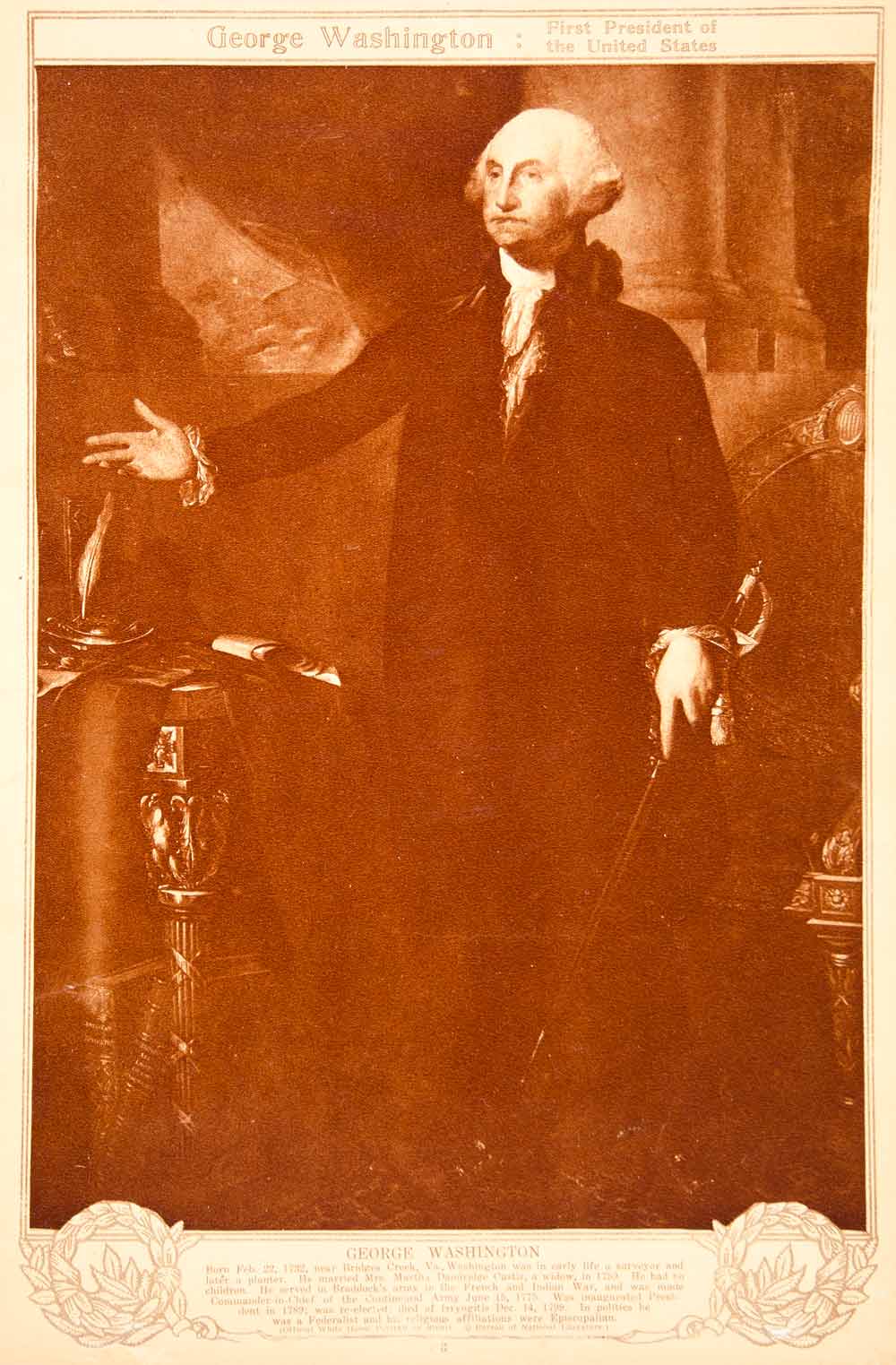 1923 Rotogravure George Washington President Portrait Gilbert Stuart Painting
