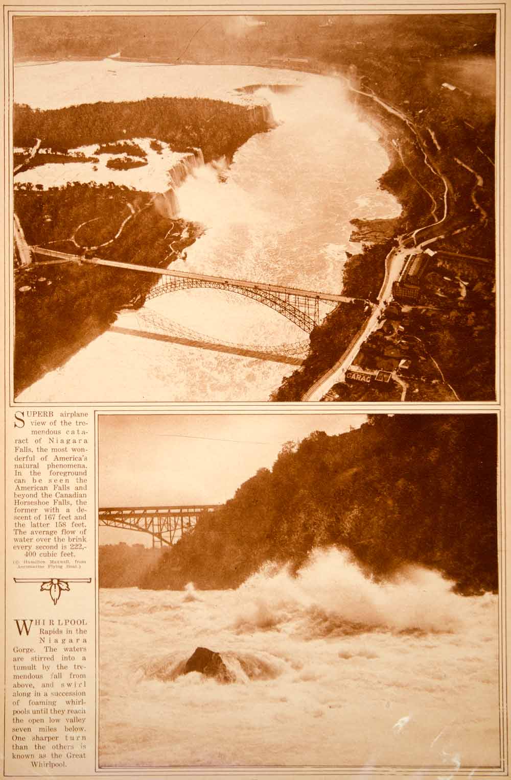 1923 Rotogravure Niagara Falls Gorge Aerial Bird's Eye View Whirlpool Rapids