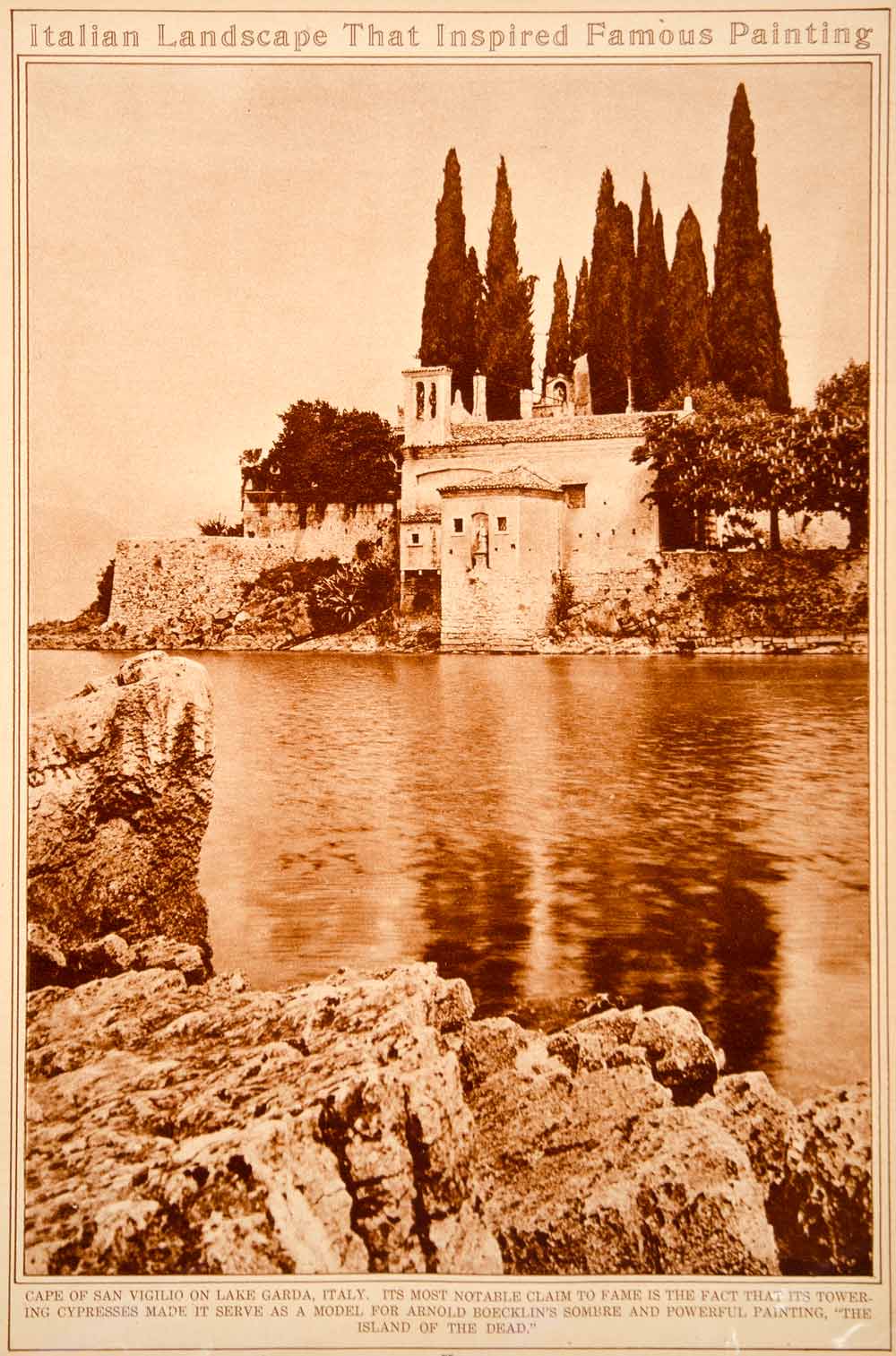 1923 Rotogravure Hotel Locanda San Vigilio Lake Garda Italy Cypress Trees Villa