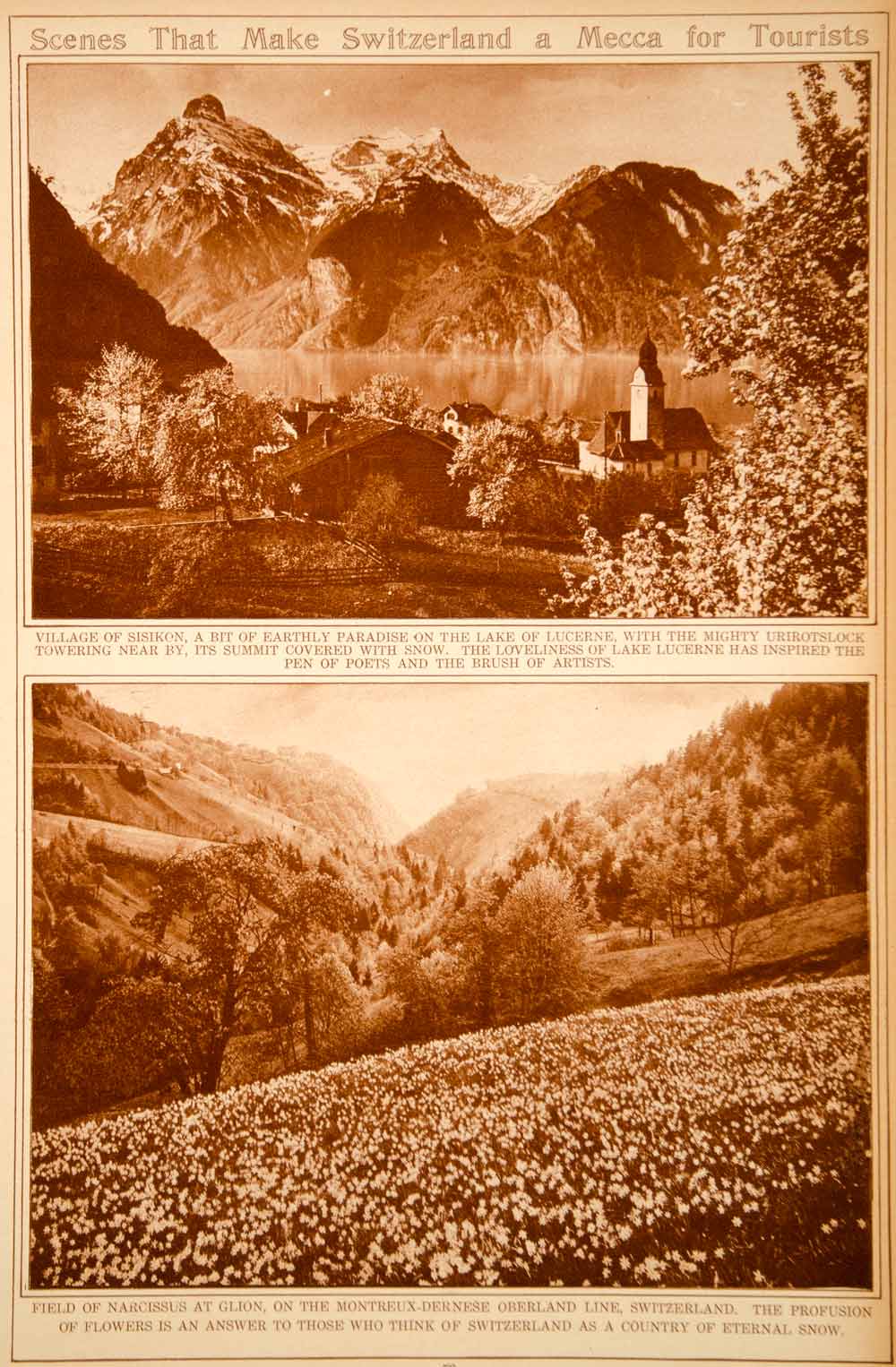 1923 Rotogravure Sisikon Lake Lucerne Swiss Village Switzerland Landscape Views
