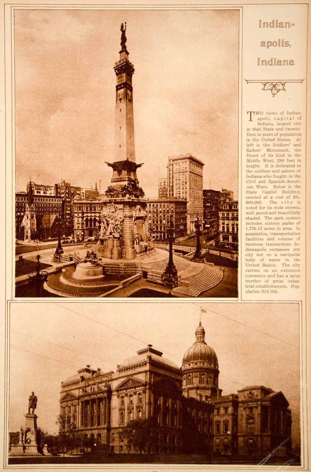 1923 Rotogravure Indianapolis Indiana State Capital Building Cityscape Historic
