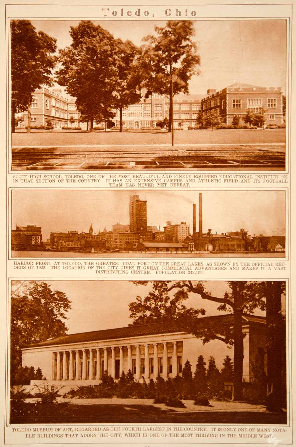1923 Rotogravure Toledo Ohio Scott High School Harbor Front Museum of Art Views