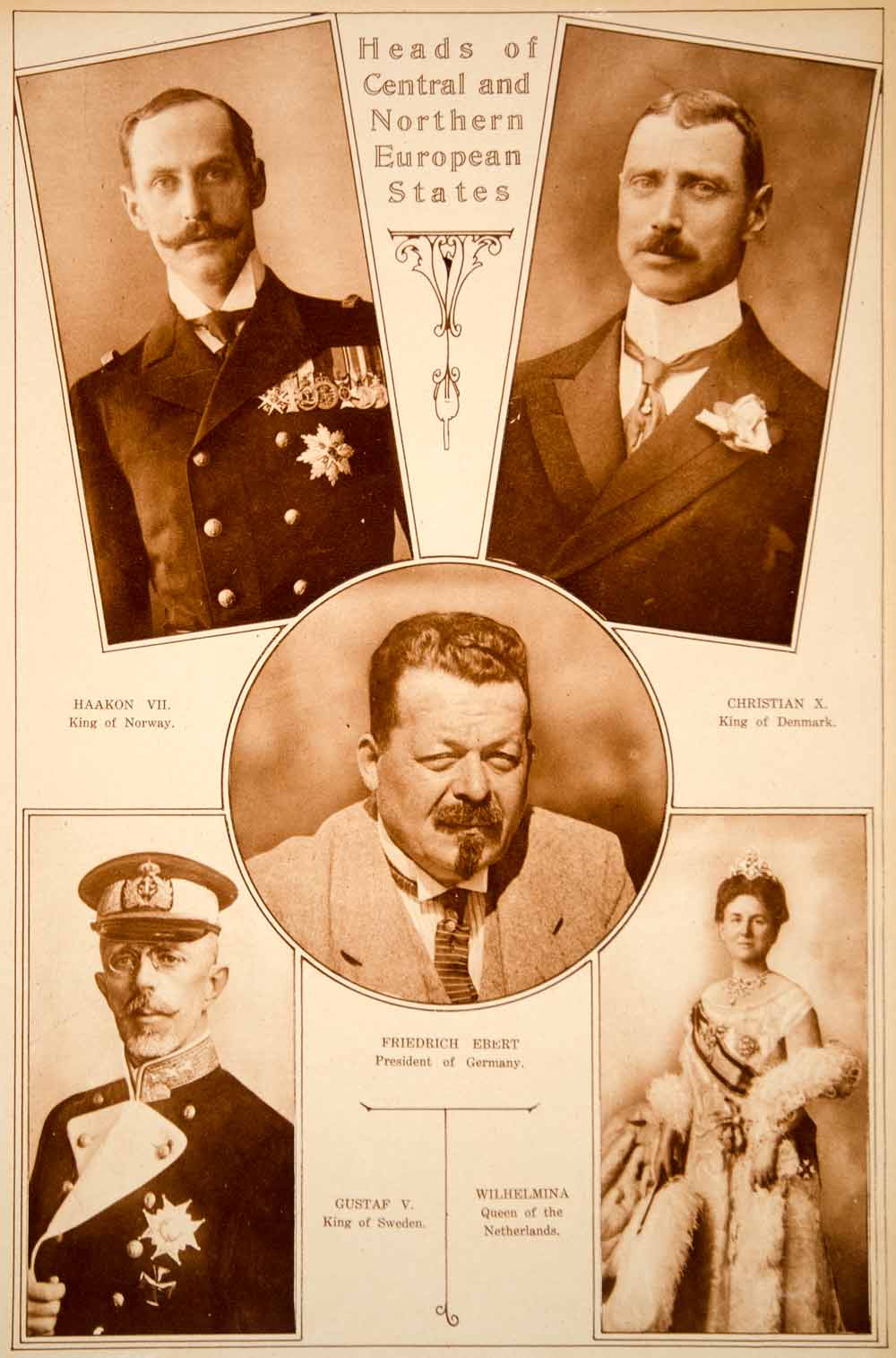 1923 Rotogravure Kings Haakon VI Christian X Gustaf V Queen Wilhelmina F. Ebert