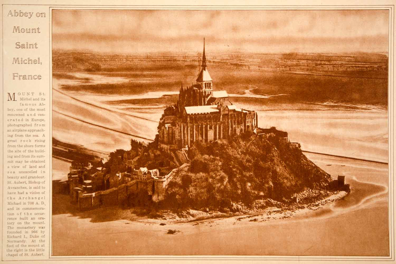 1923 Rotogravure Mont Saint Michel Abbey Monastery Island Fortress France Coast - Period Paper
