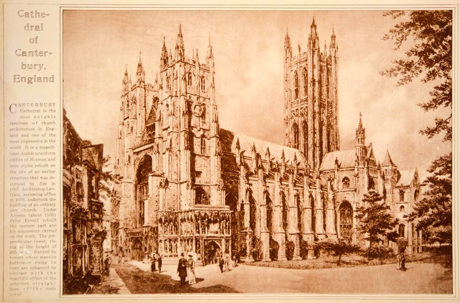 1923 Rotogravure Canterbury Cathedral Anglican Church Kent England Architecture