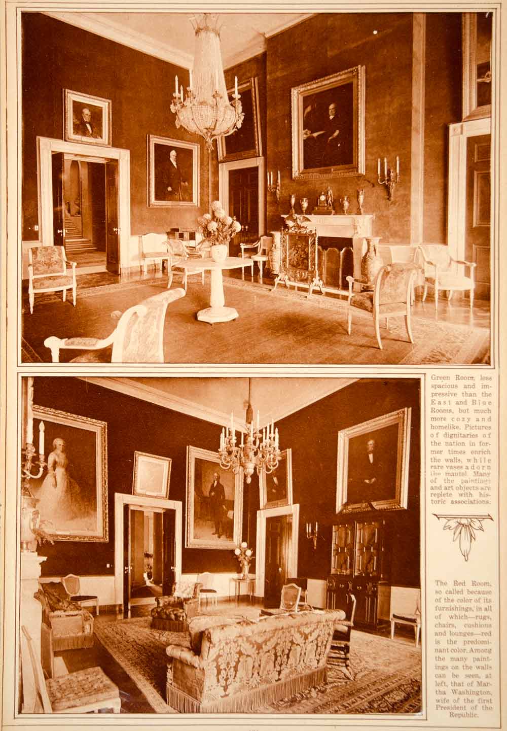 1923 Rotogravure White House Interior Green Red Room Furniture Historic Views