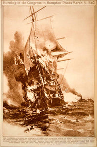 1923 Rotogravure Julian O. Davidson Art USS Congress Burning Civil War Battle