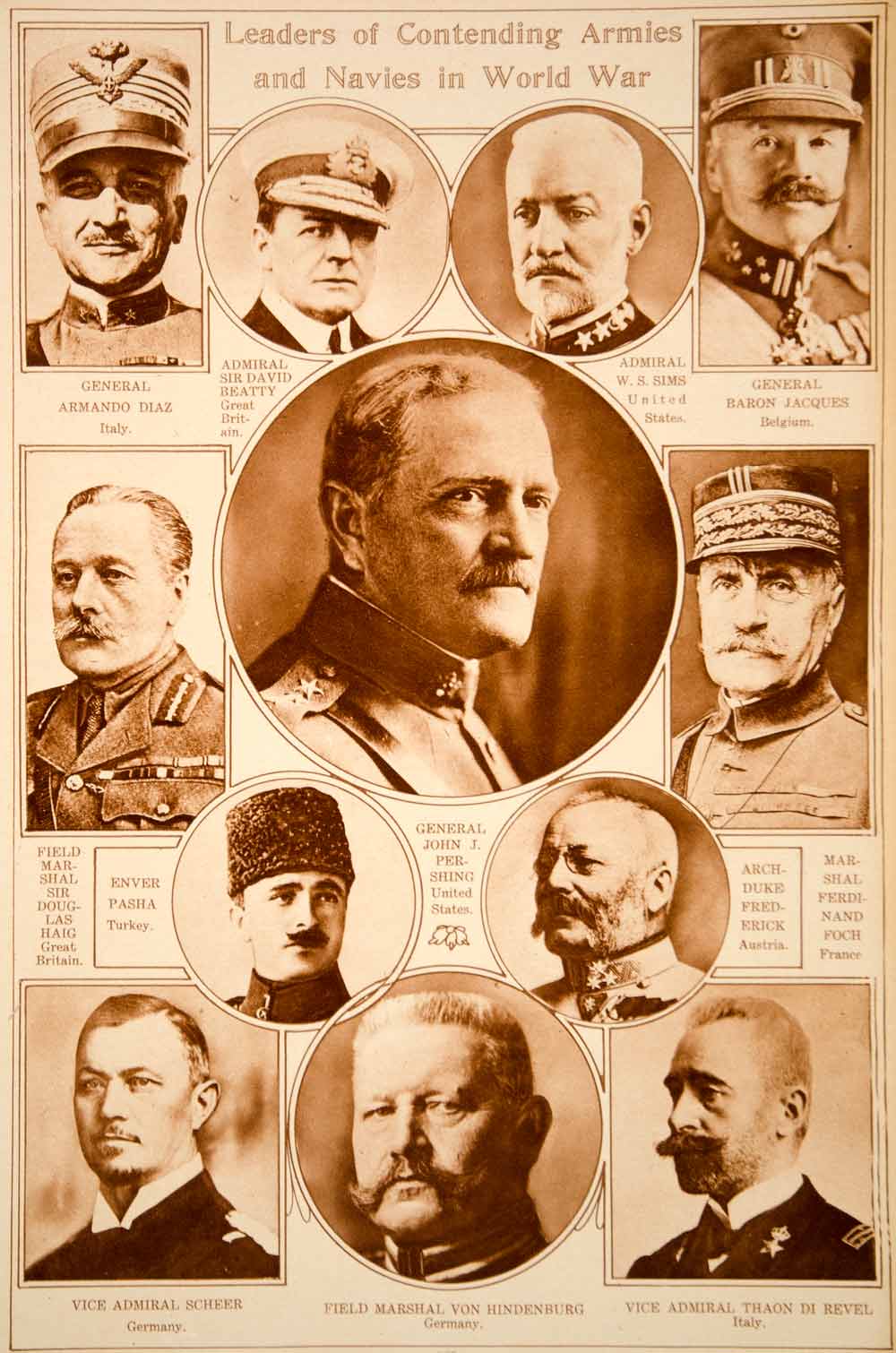 1923 Rotogravure WWI Military Leaders Pershing Enver Pasha Von Hindenburg Foch