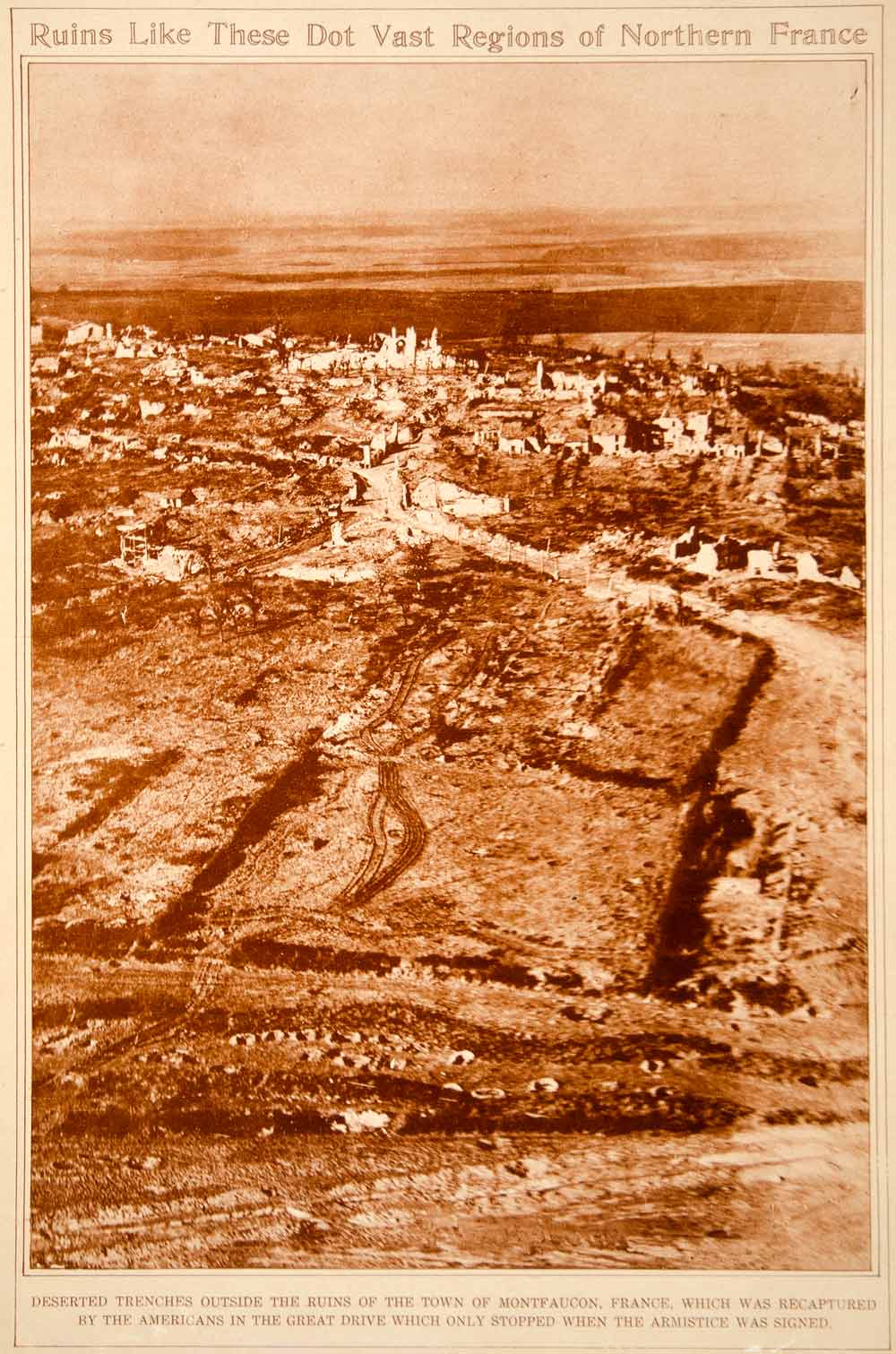 1923 Rotogravure WWI Montfaucon France Ruins Trenches Aerial Bird's Eye View