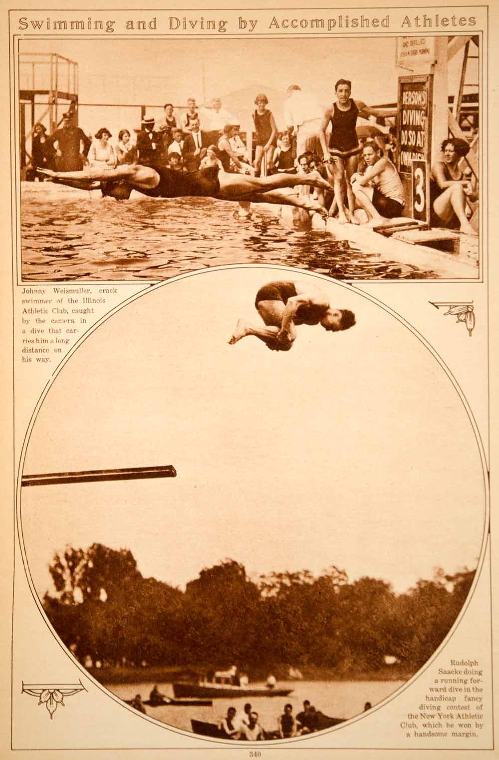 1923 Rotogravure Johnny Weismuller Rudolph Saacke Swimming Diving Champion Diver