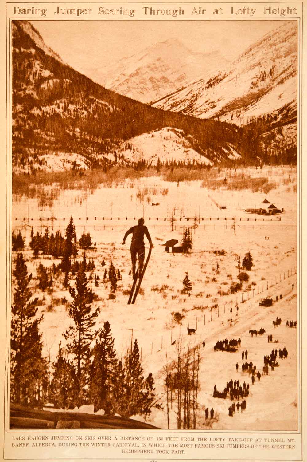 1923 Rotogravure Lars Haugen Skier Ski Jump Jumping Tunnel Mountain Banff Canada