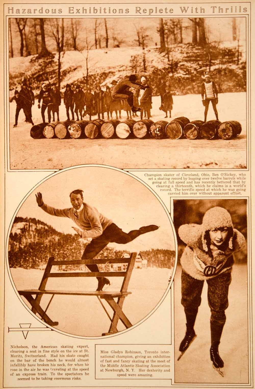 1923 Rotogravure Ice Skating Feats Ben O'Sickey Howard Nicholson Gladys Robinson