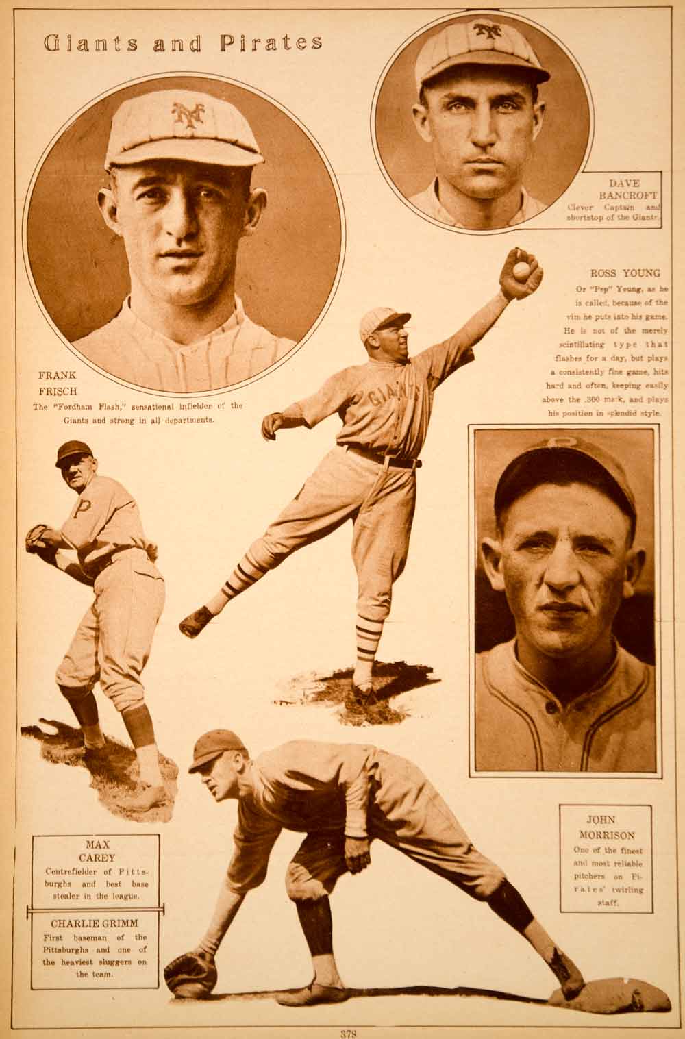 1923 Rotogravure Baseball Giants Pirates Frank Frisch Ross Young Max Carey Grimm
