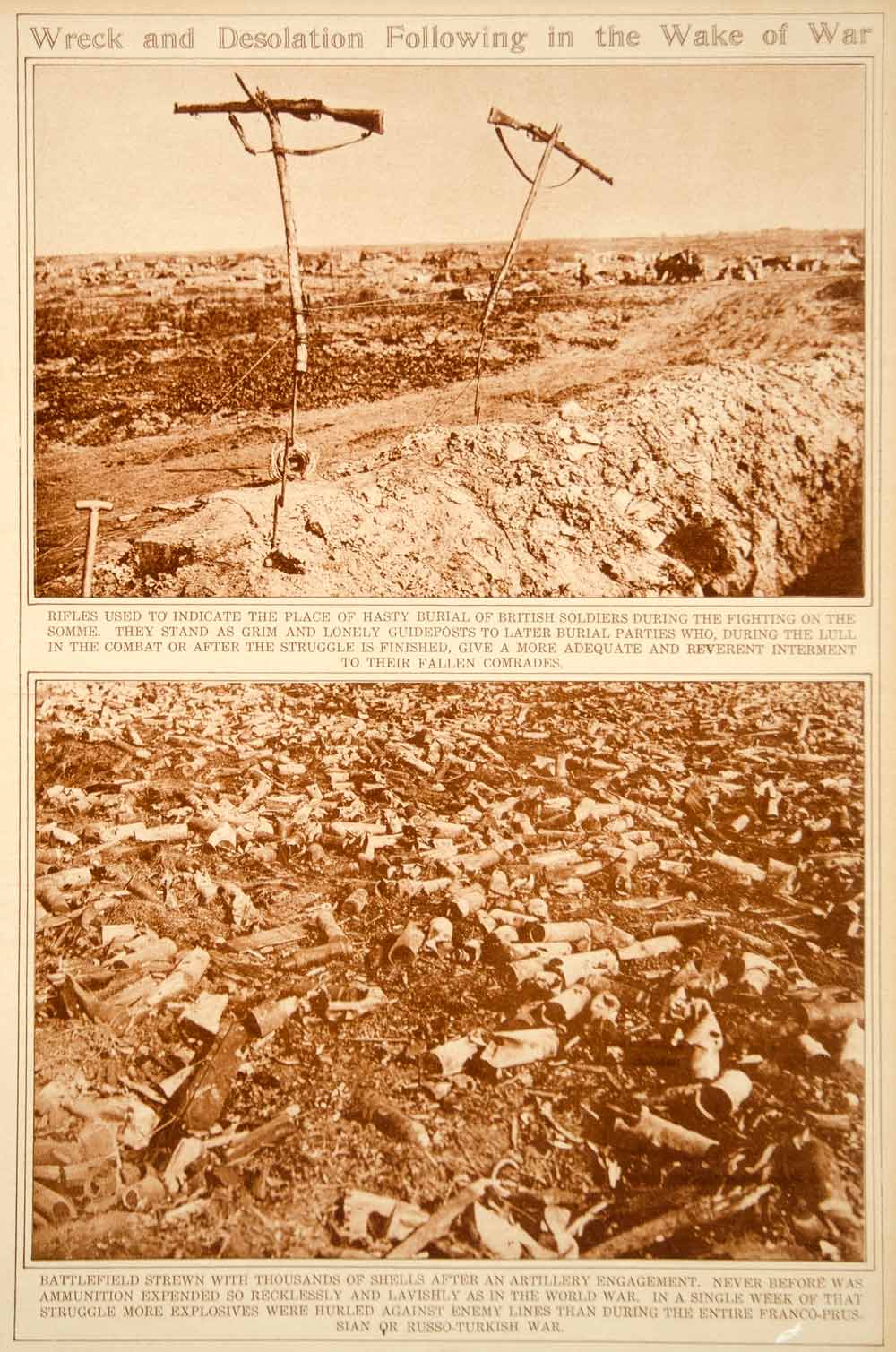 1923 Rotogravure WWI Battlefield Artillery Shell Casings British Soldiers Burial