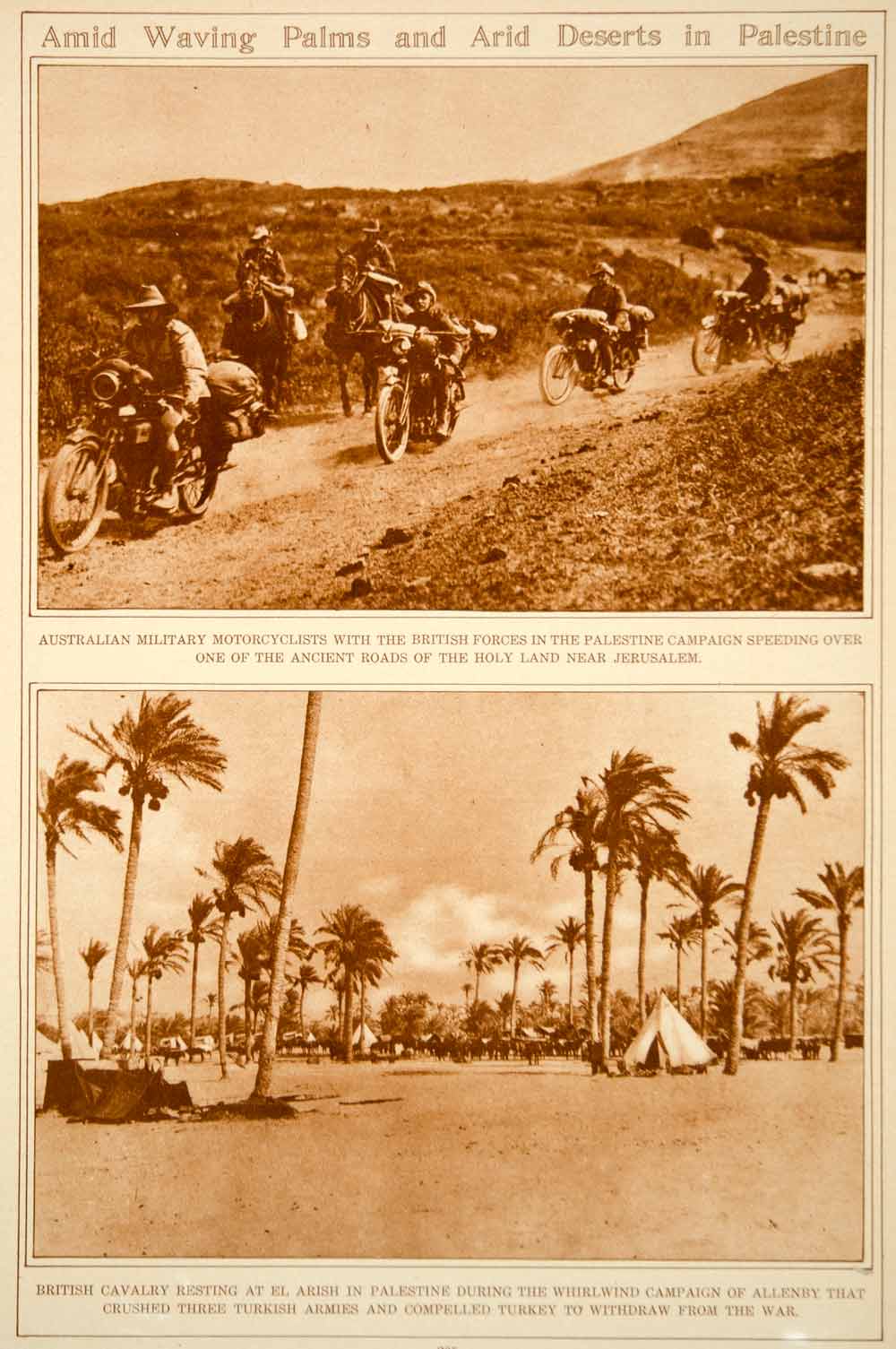 1923 Rotogravure WWI Palestine Campaign Australian Soldiers Motorcycles El Arish
