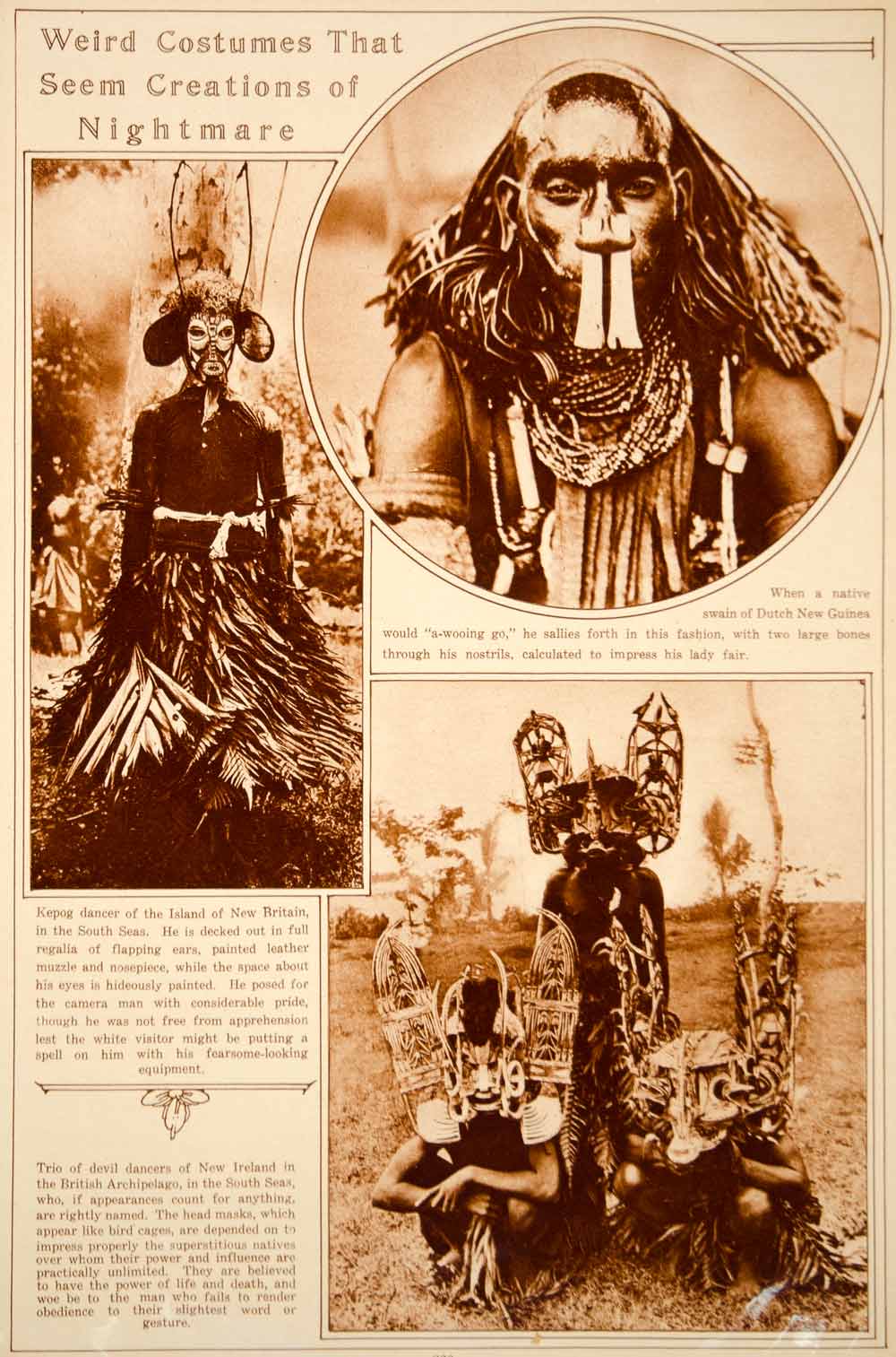 1923 Rotogravure South Seas Kepog Dancer Devil Dancers Costume Masks Body Art