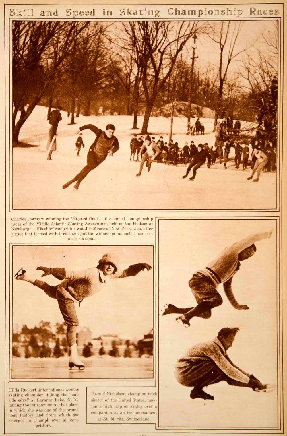 1923 Rotogravure Ice Skating Race Charles Jewtraw Hilda Ruckert Harold Nicholson