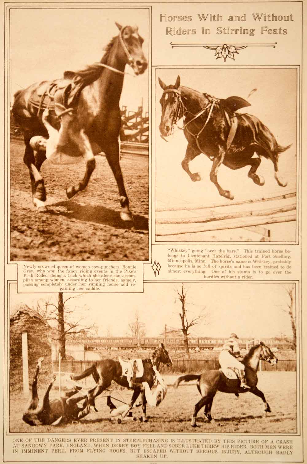 1923 Rotogravure Bonnie Grey Woman Cowpuncher Rodeo Steeplechase Race Horses