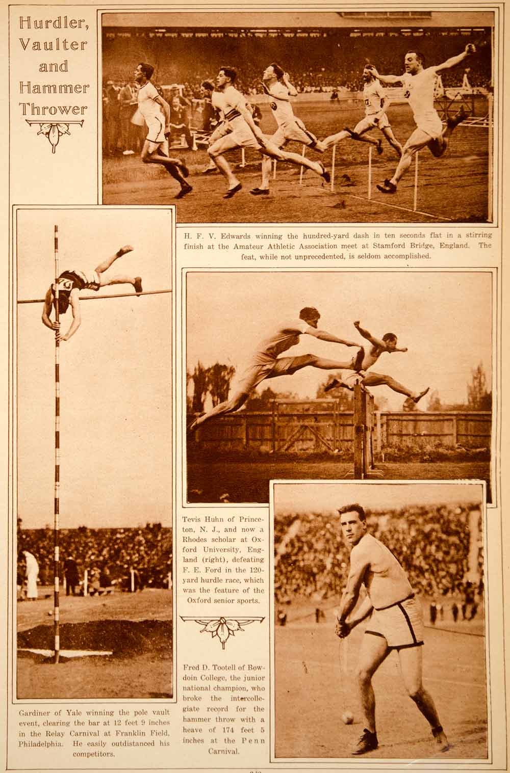 1923 Rotogravure Track Field Events Hurdles Pole Vault Hammer Throw Tevis Huhn